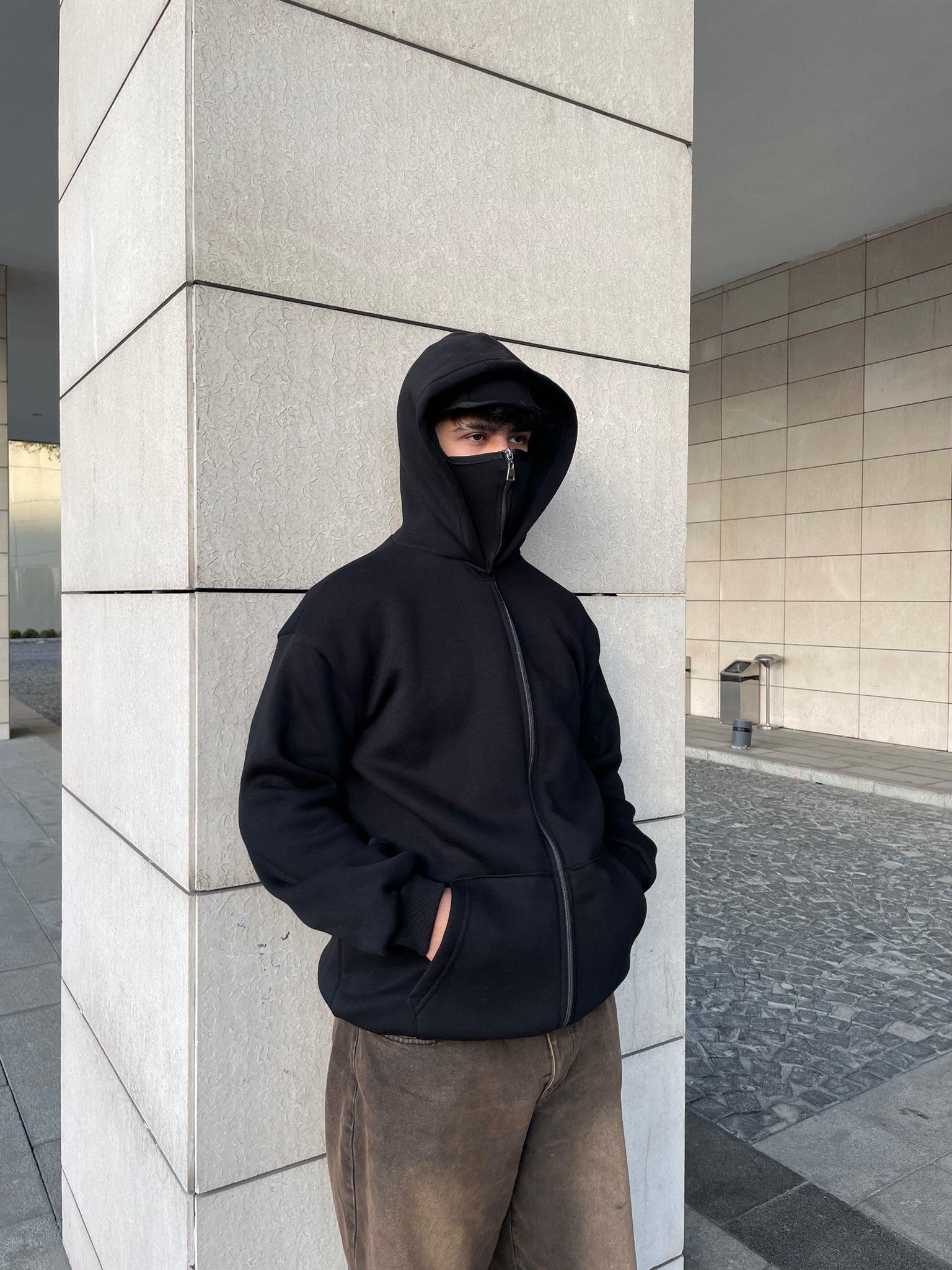 Siyah Unisex Kar Maskeli Düz Kapüşonlu Oversize Hırka 