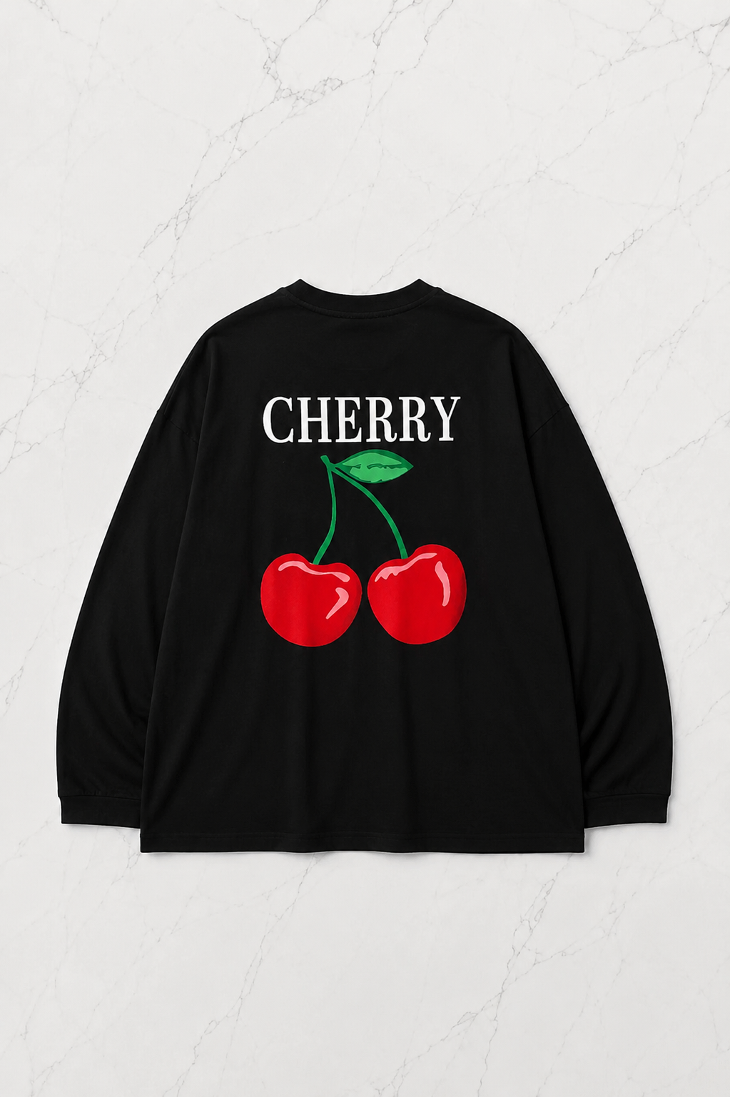 Siyah Unisex Sırt Baskılı Cherry Uzun Kol T-Shirt