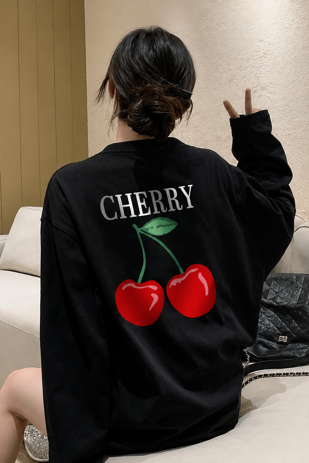 Siyah Unisex Sırt Baskılı Cherry Uzun Kol T-Shirt