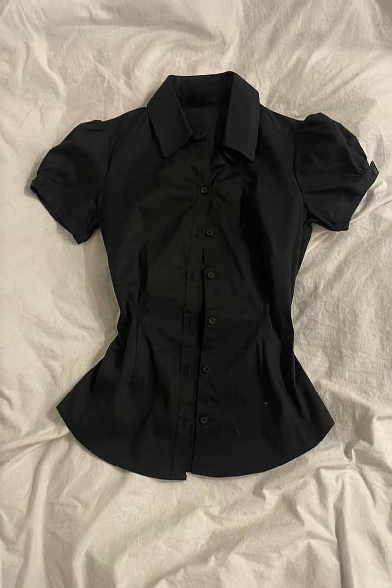 Siyah Vintage Mini Puff Sleeve Goth Y2K Kısa Kollu Gömlek