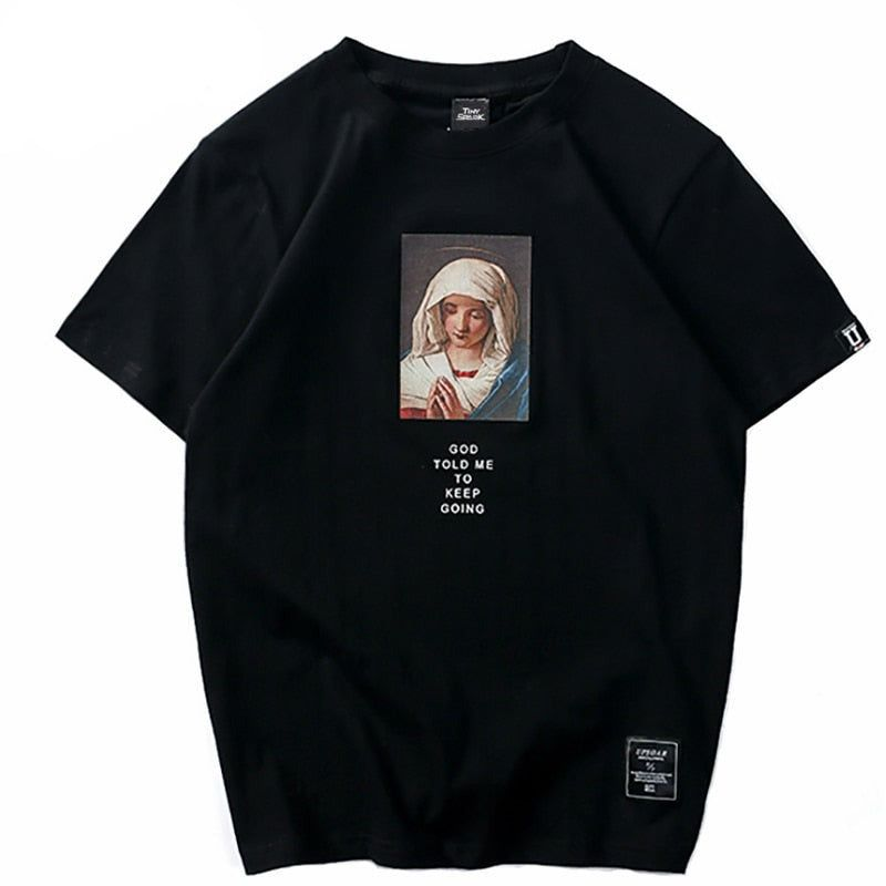 Siyah Virgin Mary Baskılı Kısa Kol Oversize T-Shirt