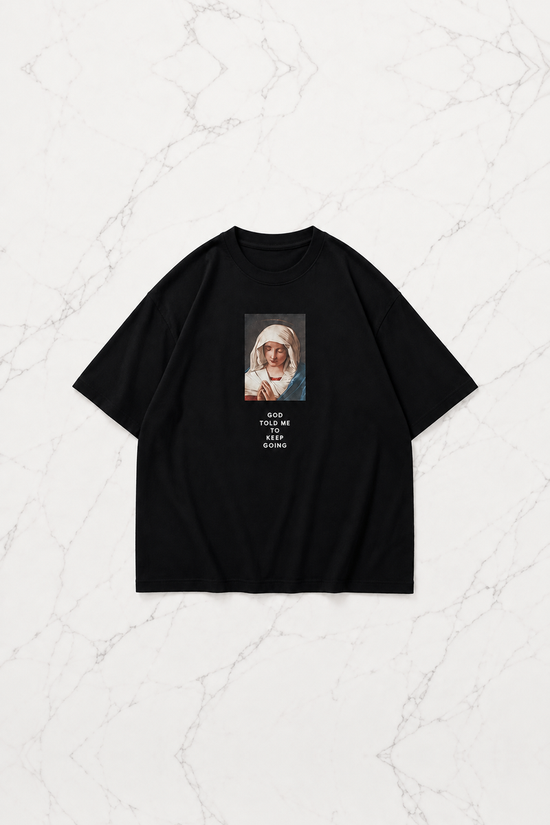Siyah Virgin Mary Baskılı Kısa Kol Oversize T-Shirt