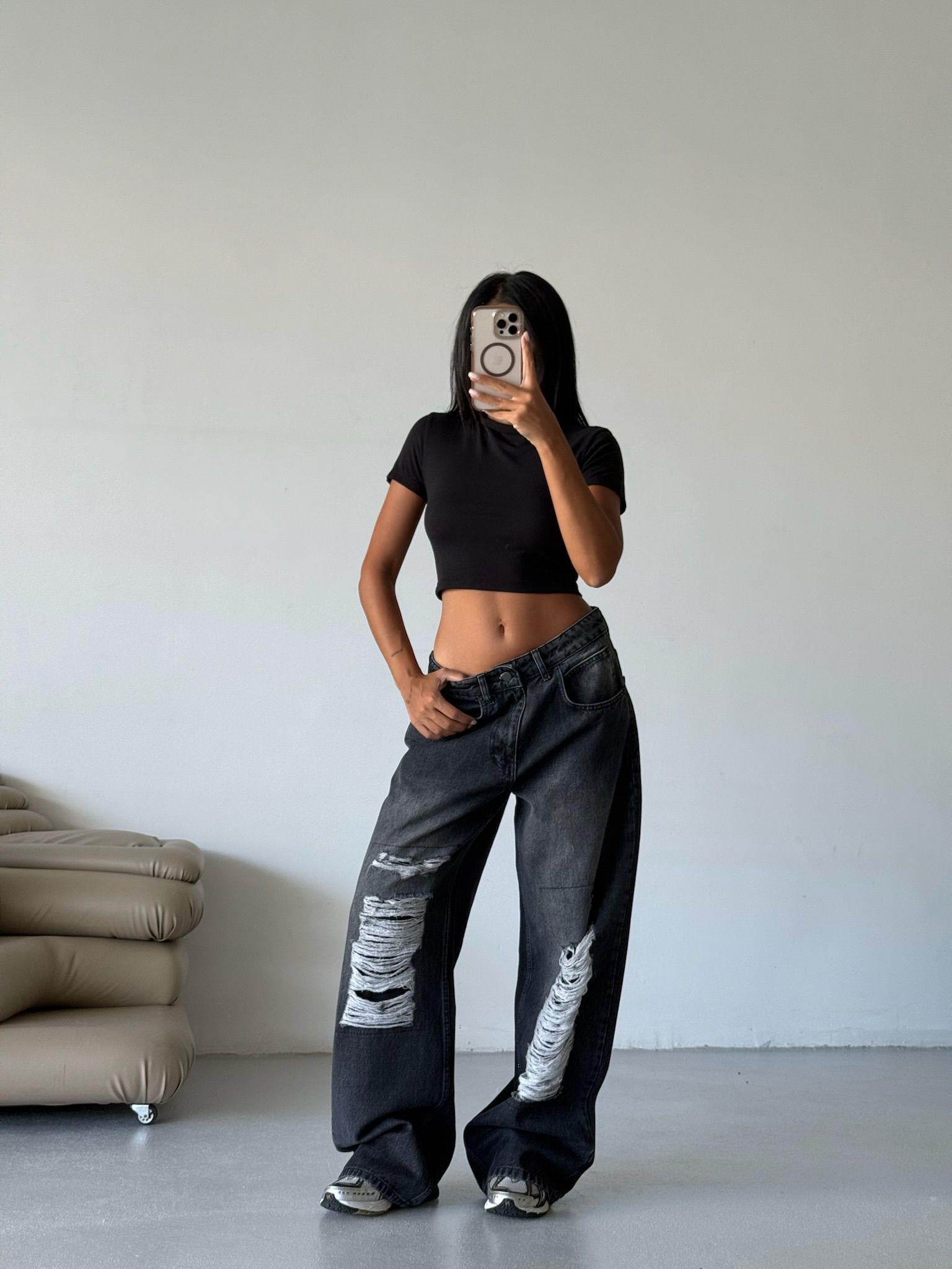 Siyah Wide Leg Aşırı Yırtık Detaylı Siyah Jean