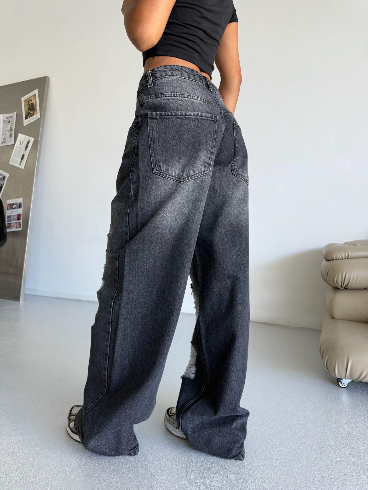 Siyah Wide Leg Aşırı Yırtık Detaylı Siyah Jean