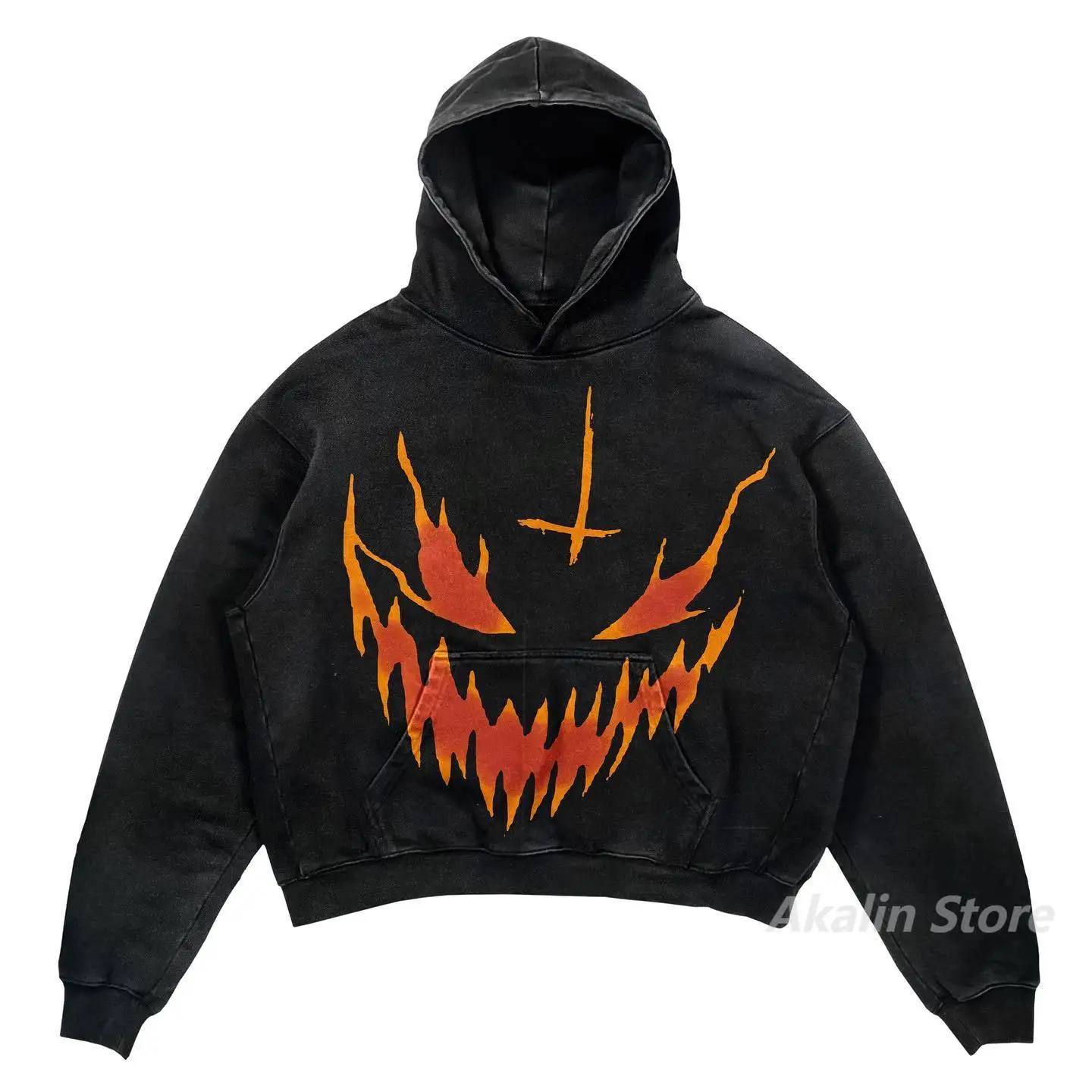 Siyah Yıkamalı Gothic Flame Laugh Kapüşonlu Sweatshirt