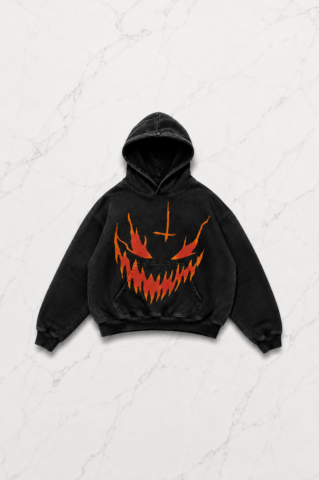 Siyah Yıkamalı Gothic Flame Laugh Kapüşonlu Sweatshirt