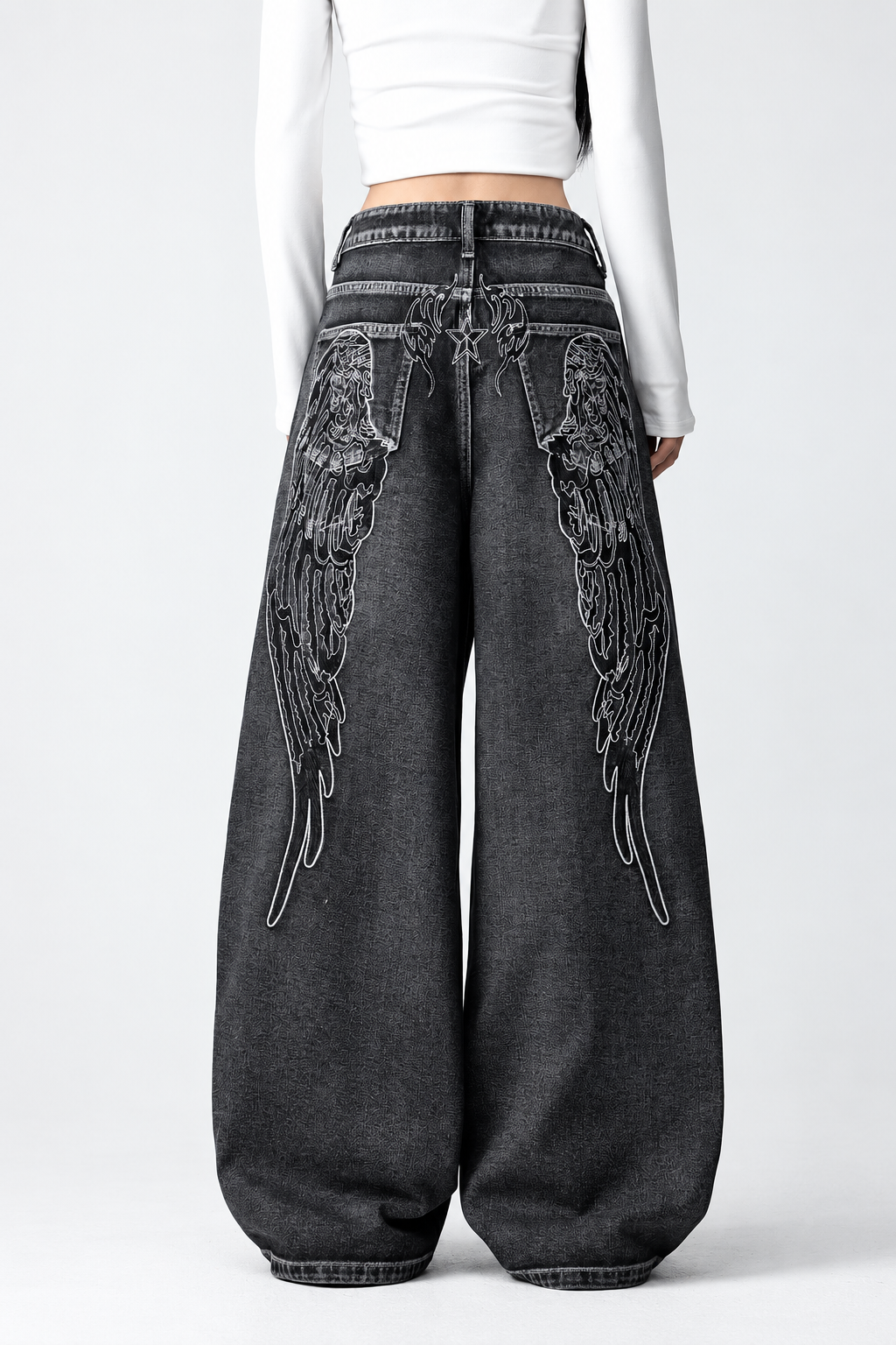 Siyah Yıkamalı Melek Kanatlı Harajuku Y2K Unisex Baggy Pantolon
