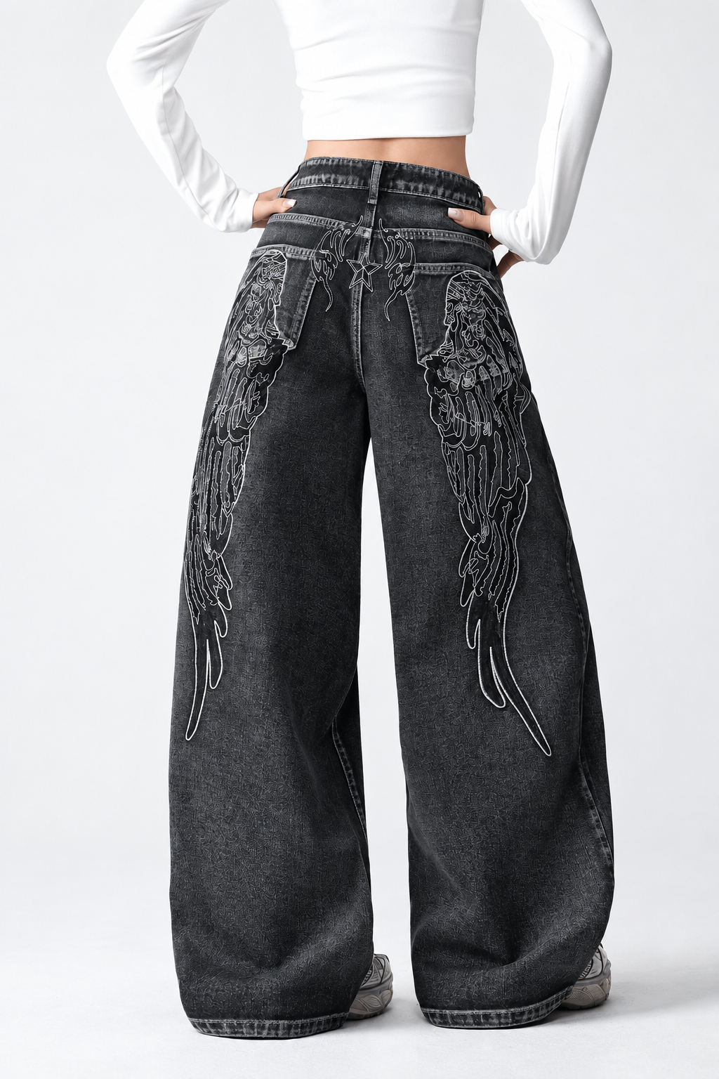 Siyah Yıkamalı Melek Kanatlı Harajuku Y2K Unisex Baggy Pantolon