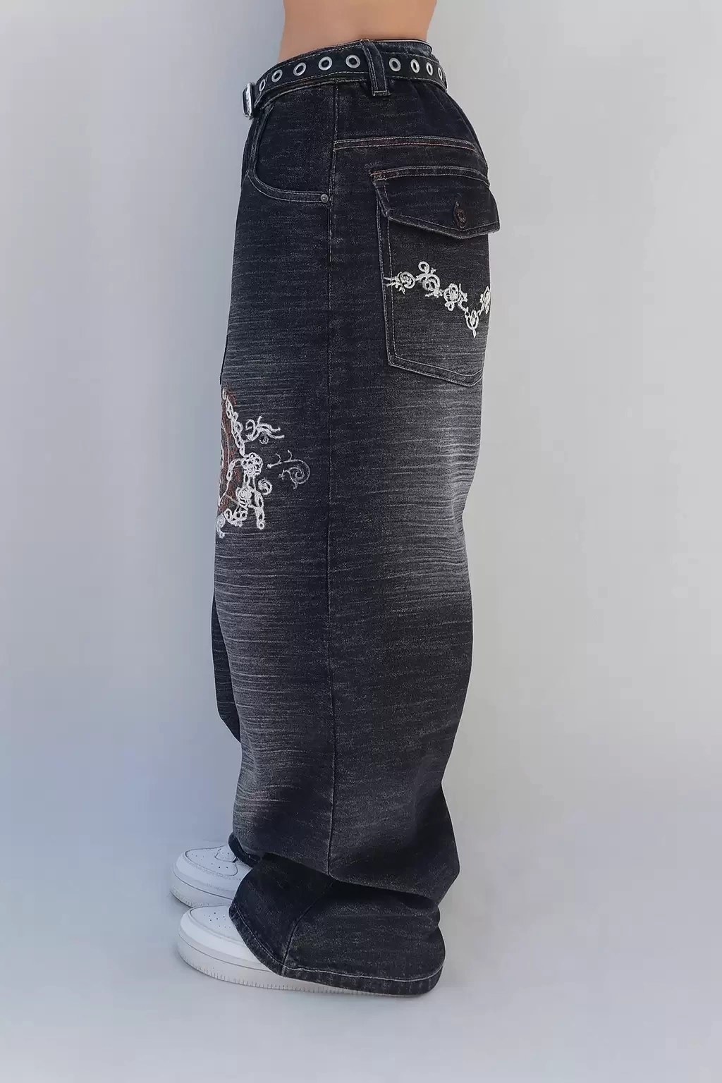 Siyah Yıkamalı P Patchli Vintage Baggy Y2K Pantolon