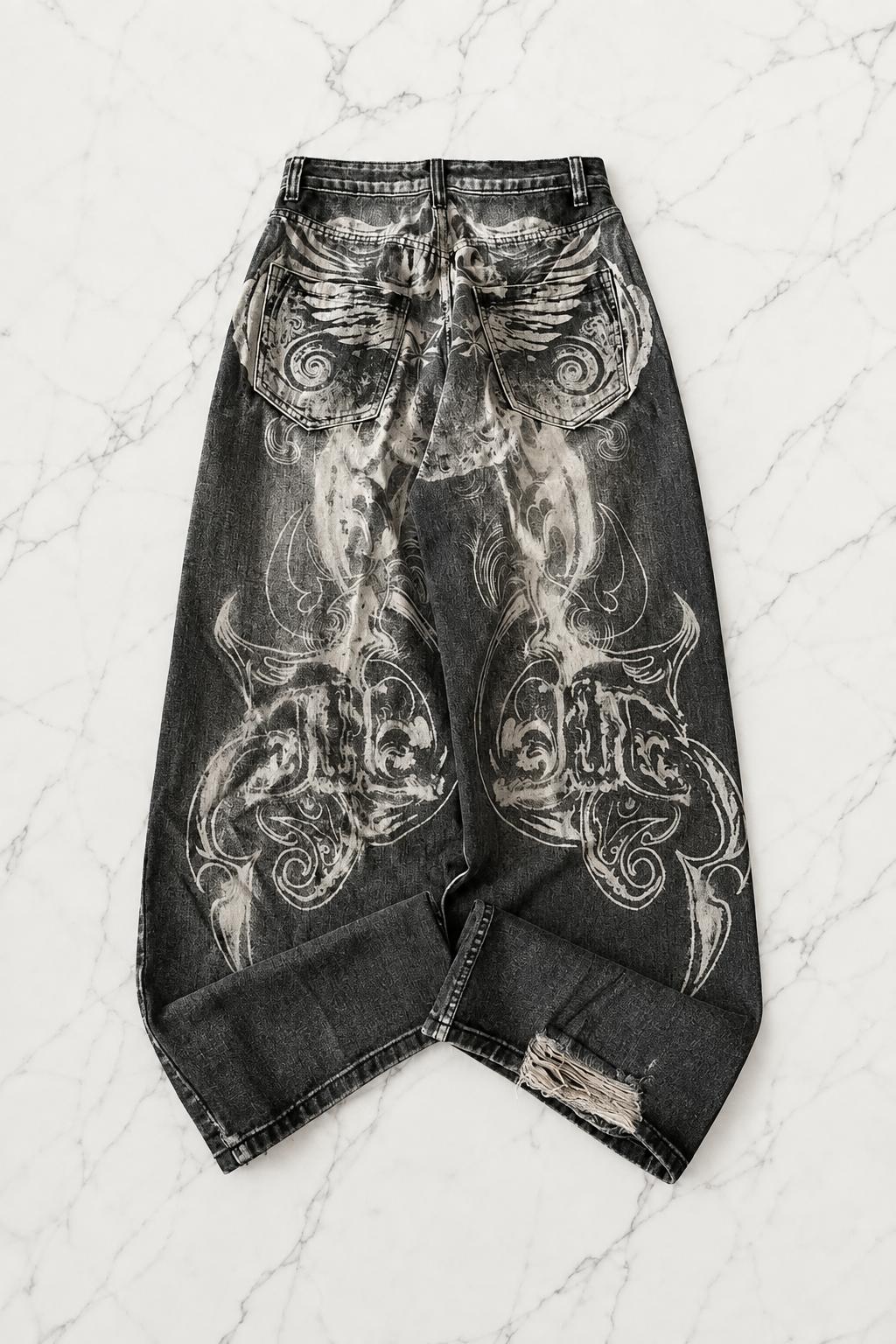 Siyah Yıkamalı Shadow Spine Yırtık Detaylı Gotik Y2K Unisex Baggy Pantolon