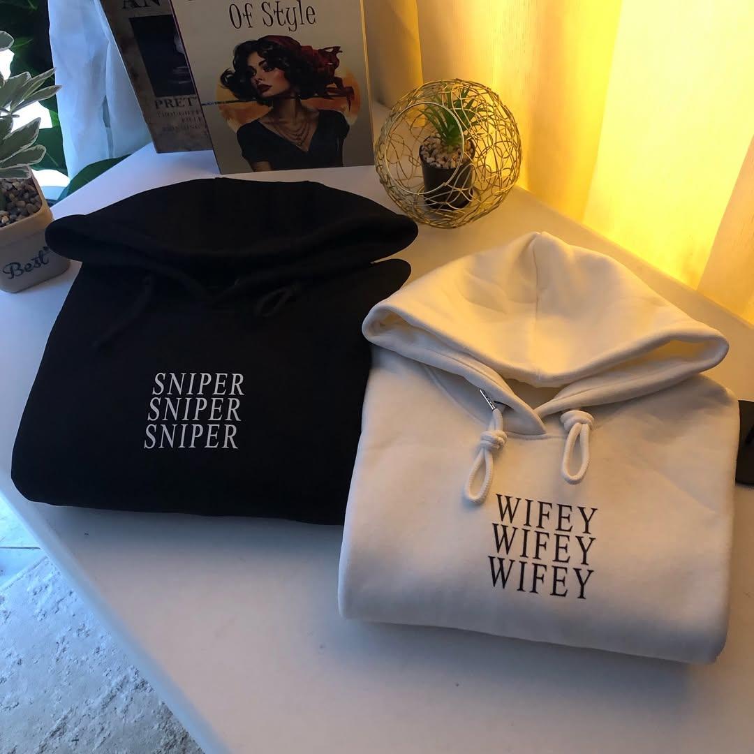 Sniper & Wifey Beyaz Siyah Oversize Sweatshirt 3 İplik 
