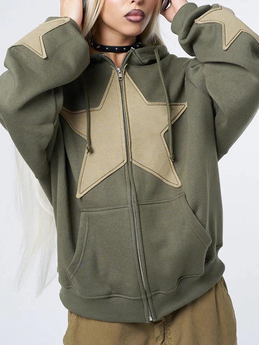 Star Detail Şardonlu Haki Oversize Hırka