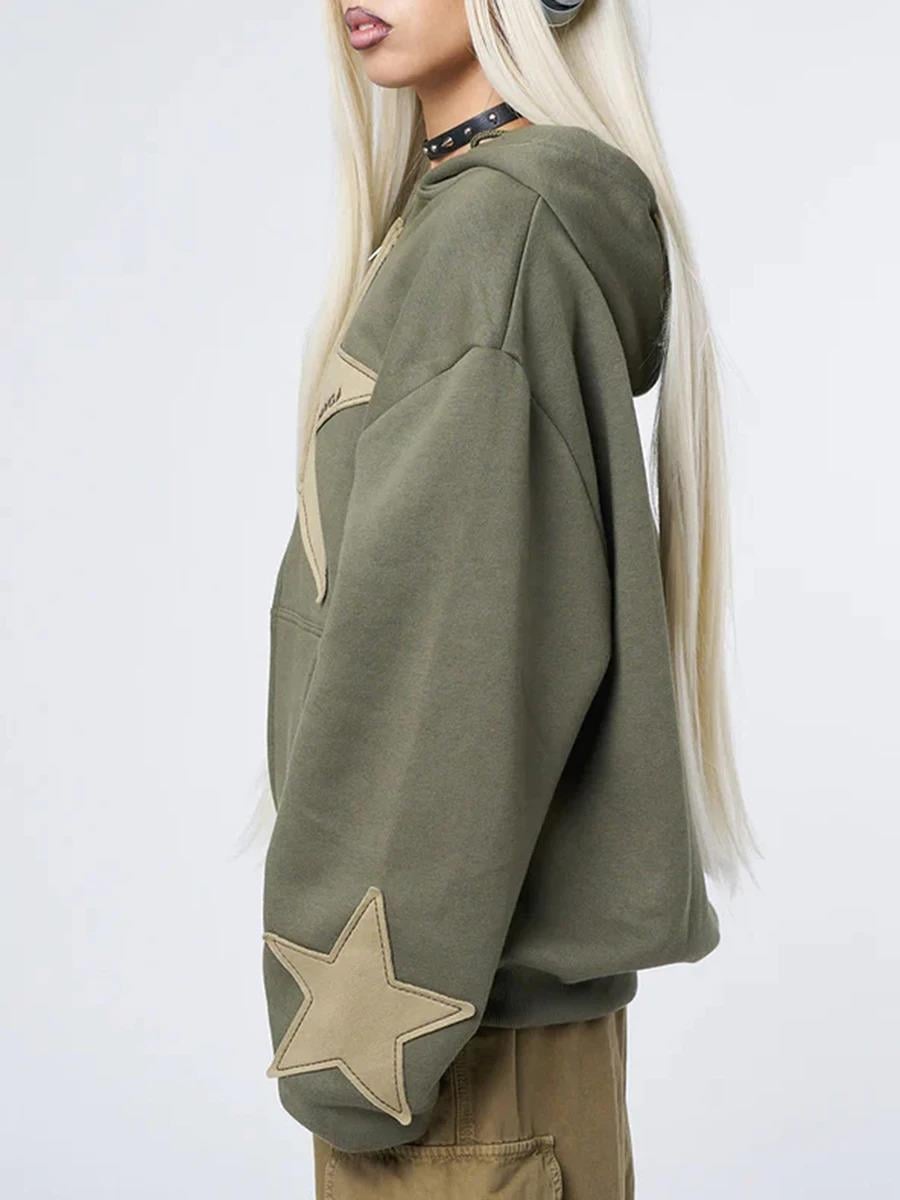 Star Detail Şardonlu Haki Oversize Hırka