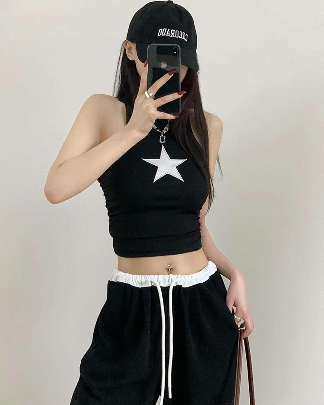 Star Detail Siyah Crop Top