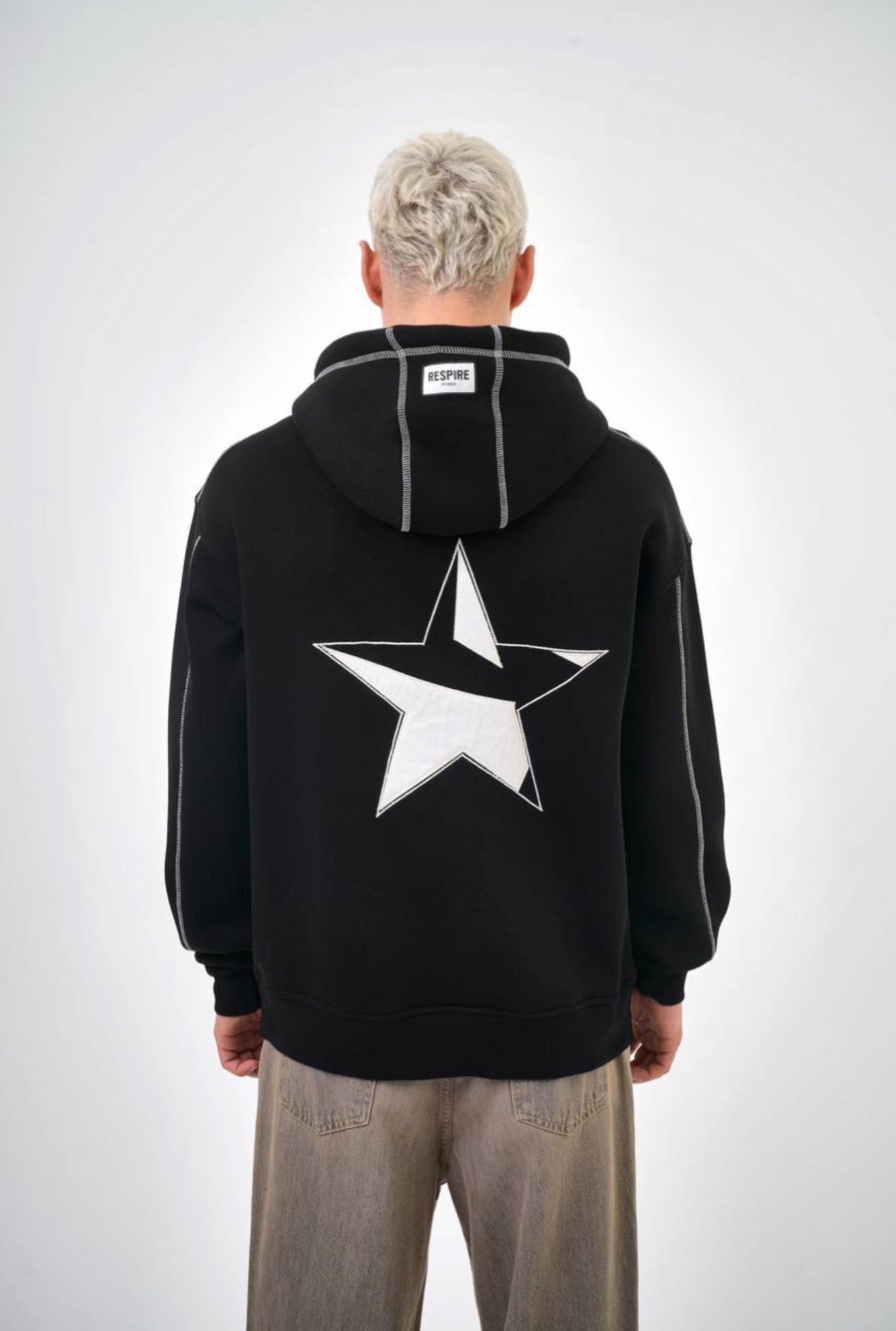 3 İplik Şardonlu Star Nıght Siyah Nakışlı Oversize Kapüşonlu Sweatshirt