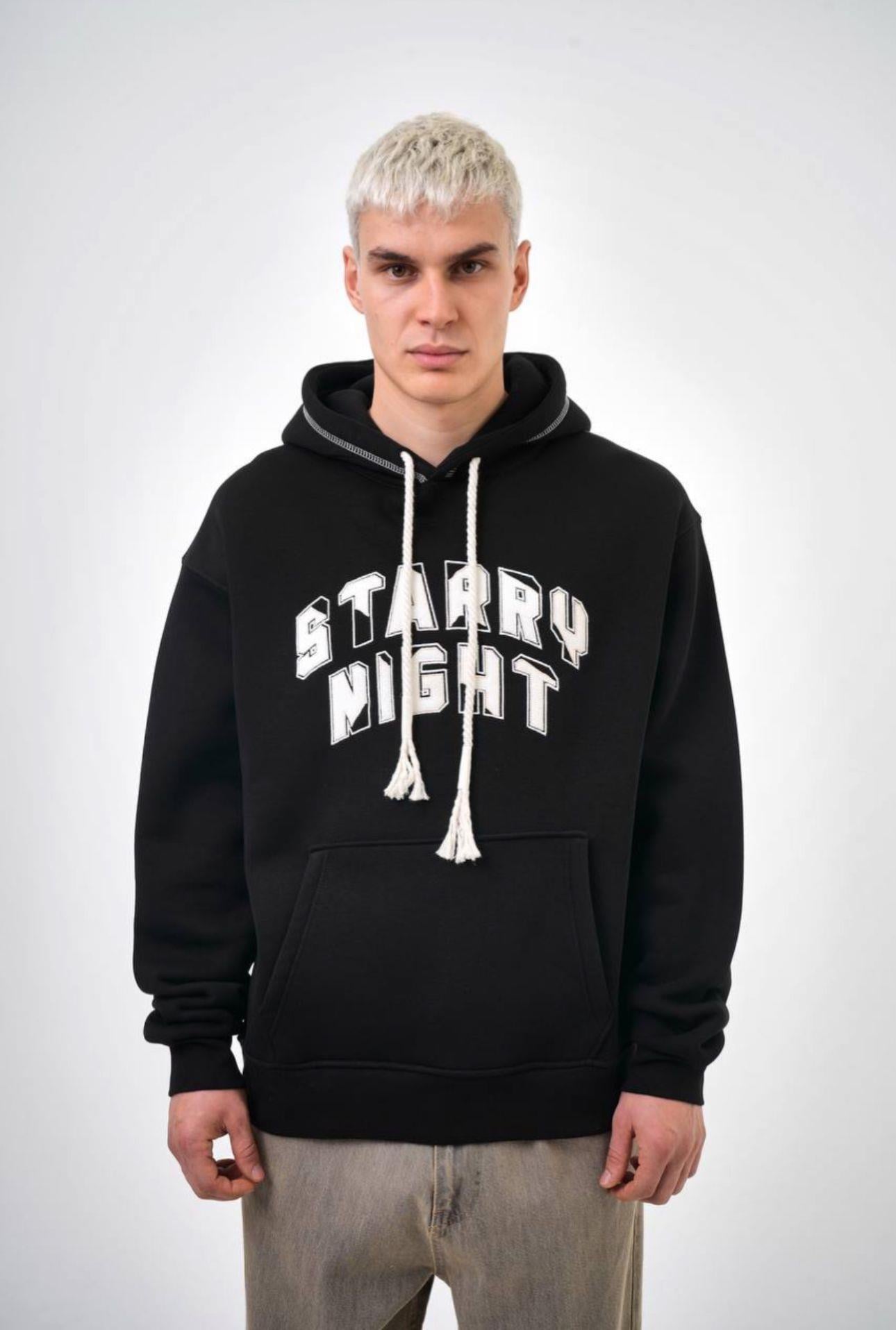 3 İplik Şardonlu Star Nıght Siyah Nakışlı Oversize Kapüşonlu Sweatshirt