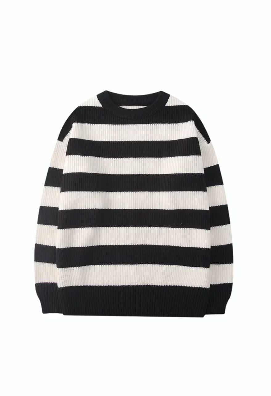Streetwear Casual Siyah Beyaz Çizgili Oversize Unisex Triko Kazak