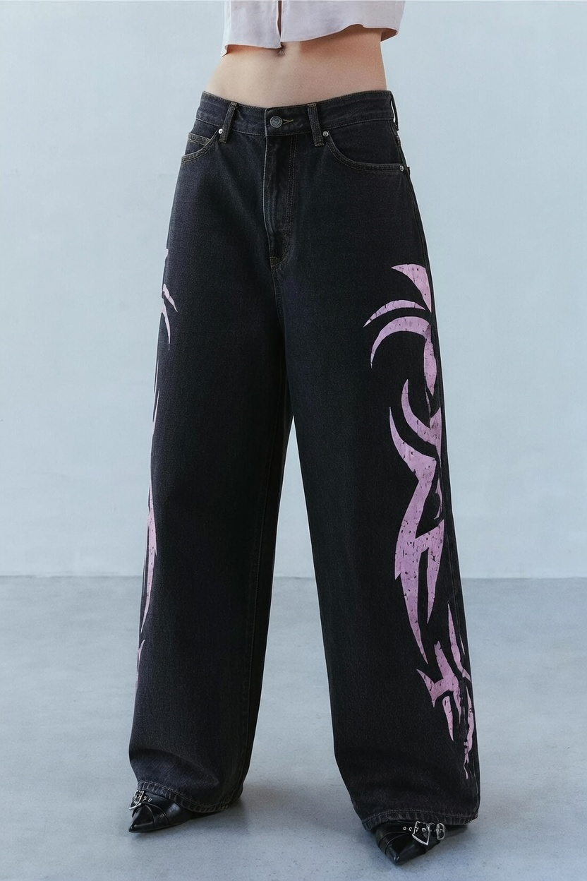 Tribal Desenli Pembe Yıkamalı Jean