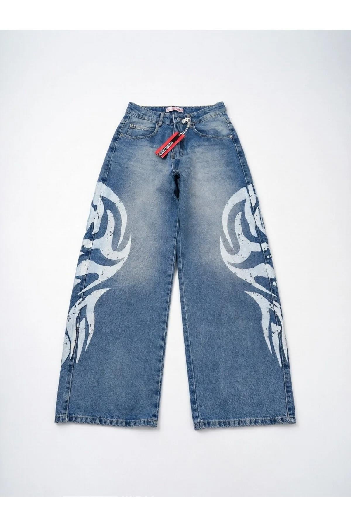 Tribal Detaylı Blue Unisex Baggy Jean