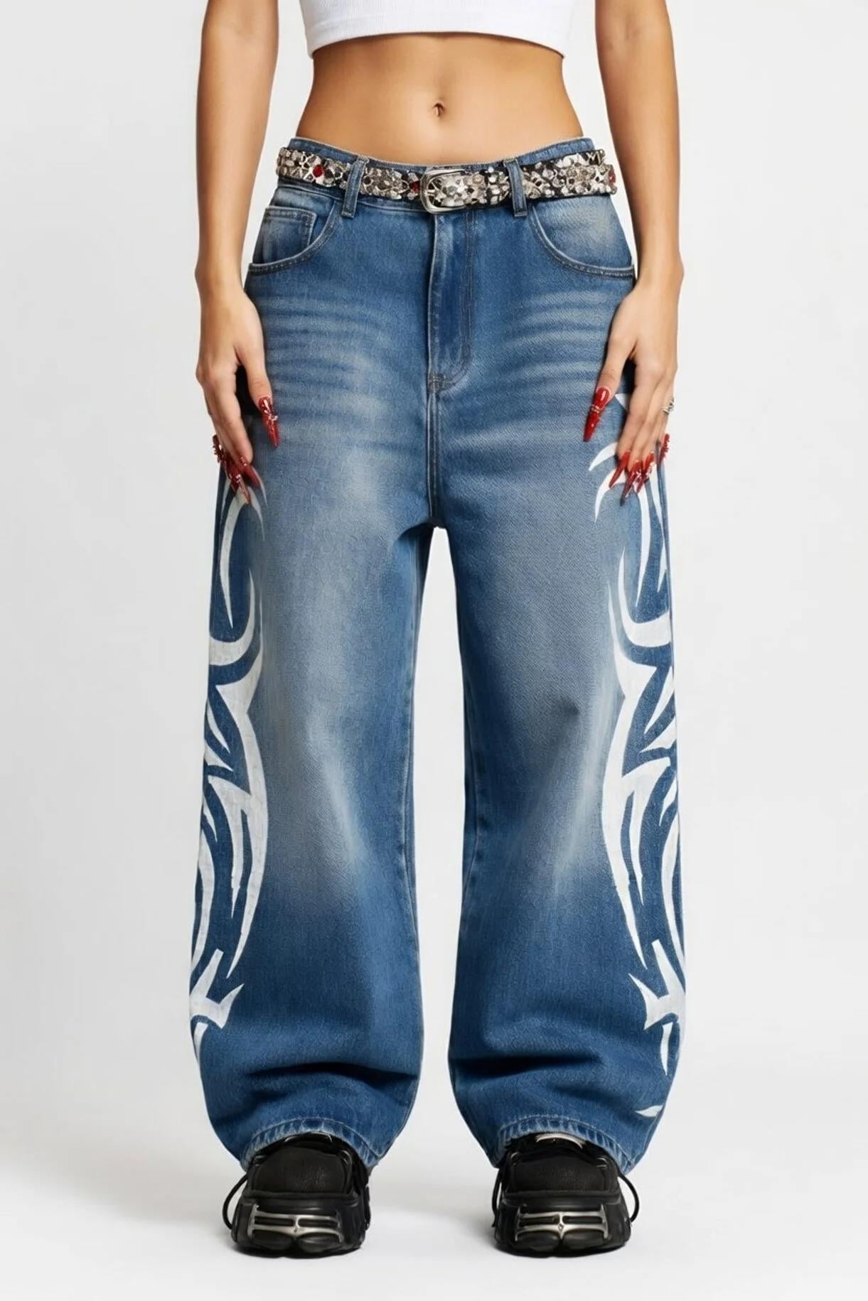 Tribal Detaylı Blue Unisex Baggy Jean