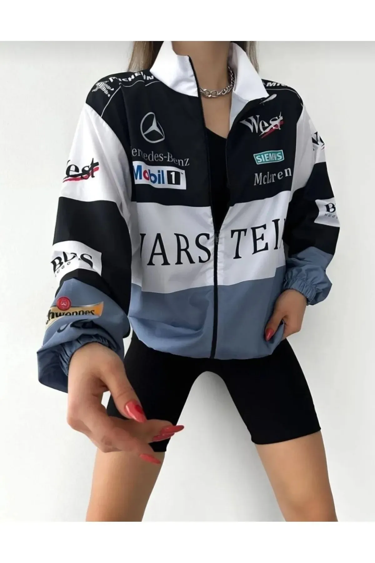 Unisex Oversize Warsteiner Baskılı Yarışçı Bomber Ceket