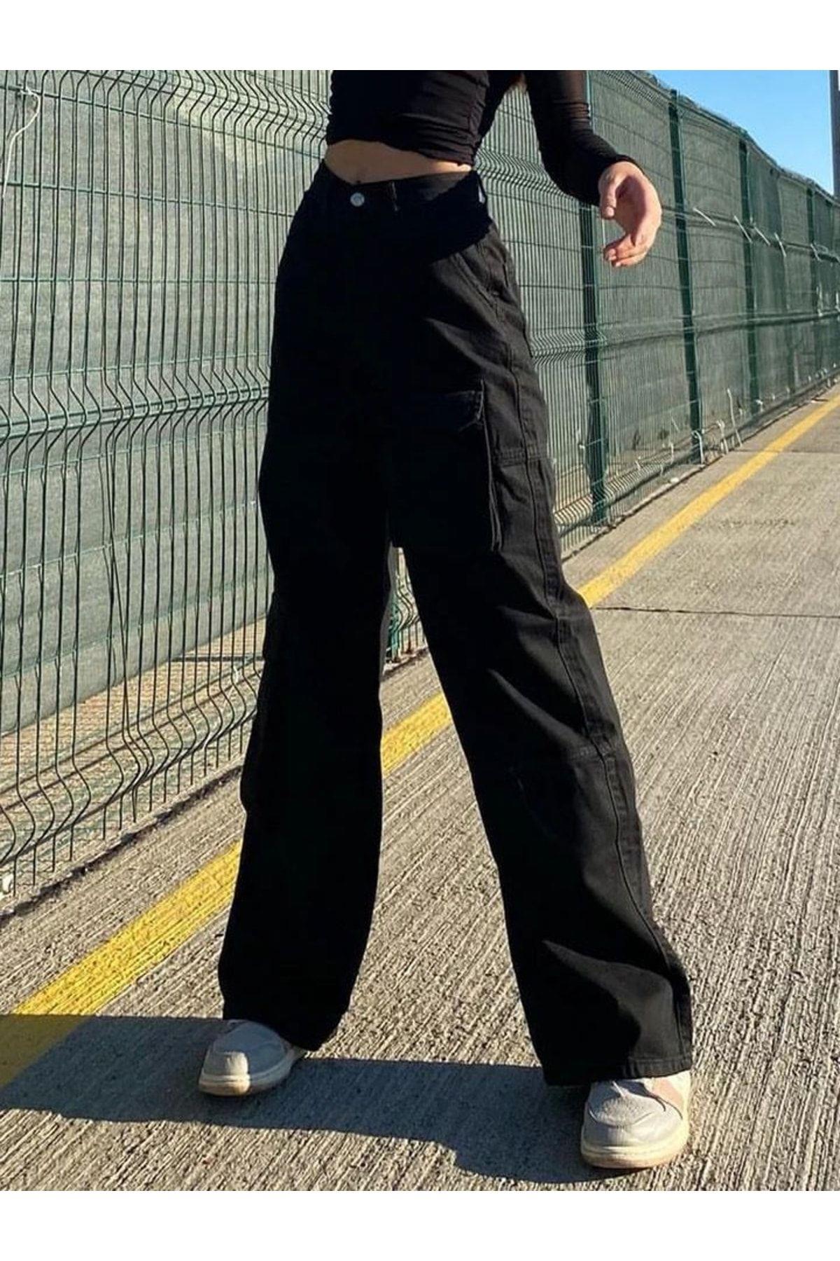 Urban Siyah Körüklü Kargo Cepli Y2k Unisex Bol Paça Jean