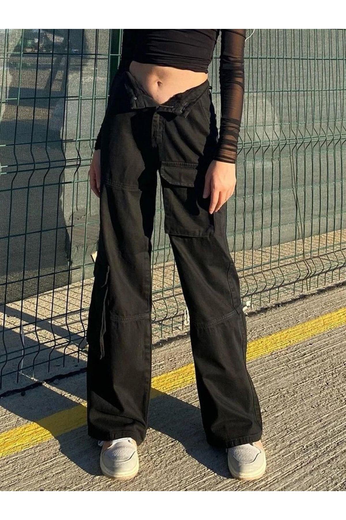 Urban Siyah Körüklü Kargo Cepli Y2k Unisex Bol Paça Jean