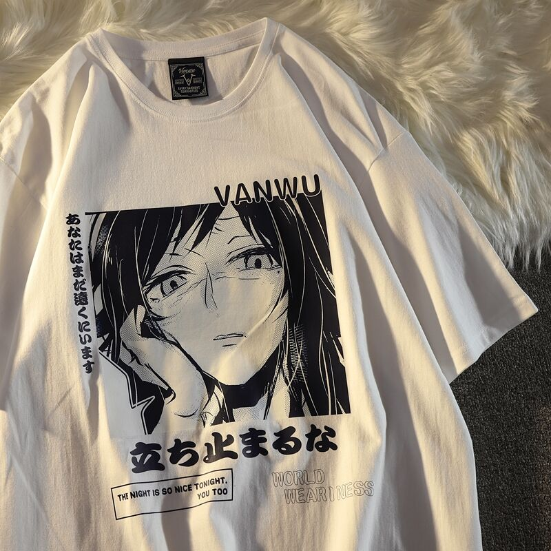 Vanwu Anime Detaylı Oversize Unisex Beyaz T-shirt