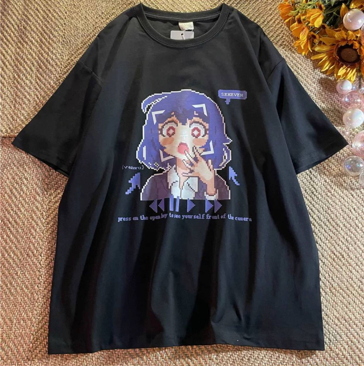 Venwu Seneven Detaylı Oversize Unisex Siyah T-shirt
