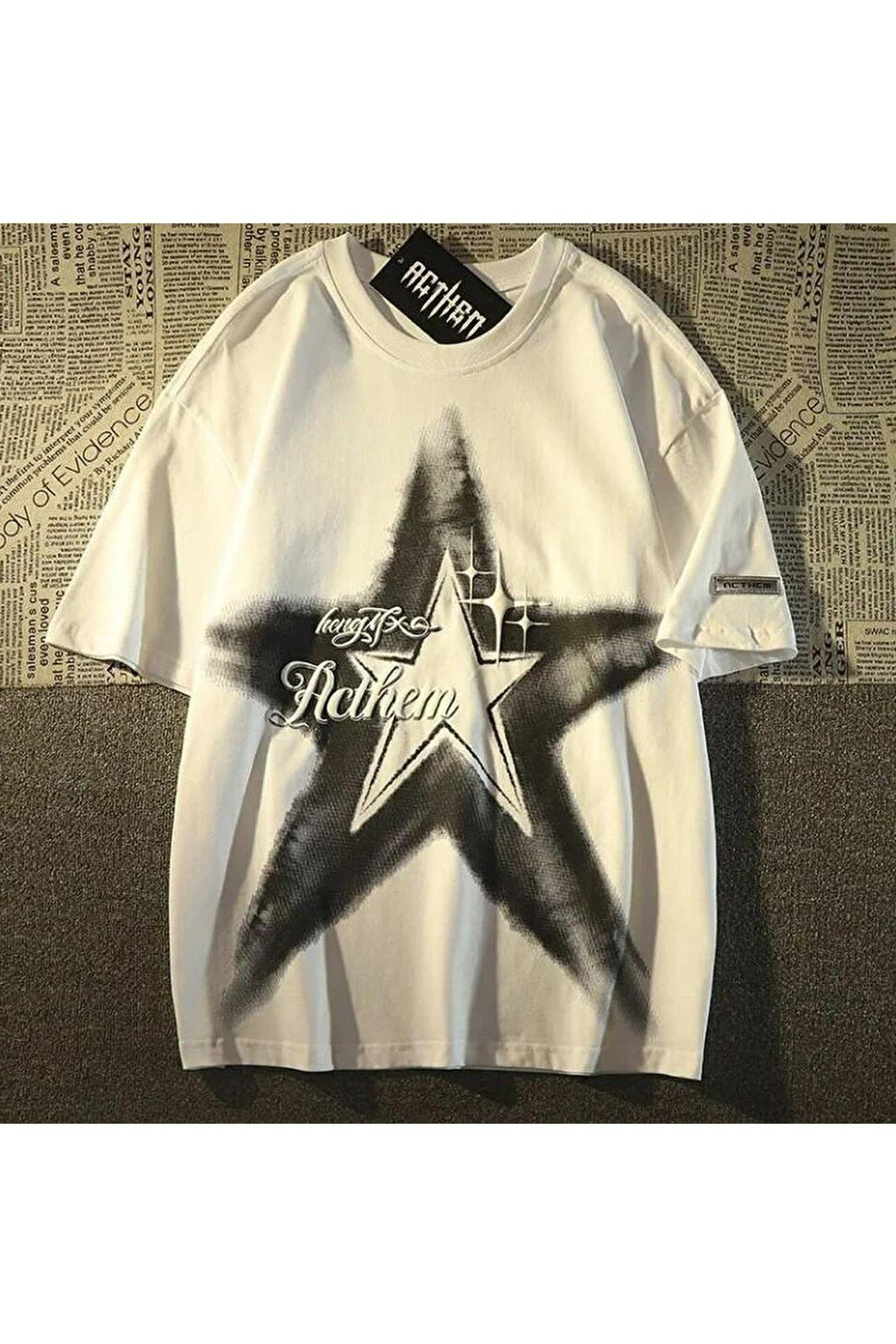 White Star Detail Oversize Unisex T-shirt