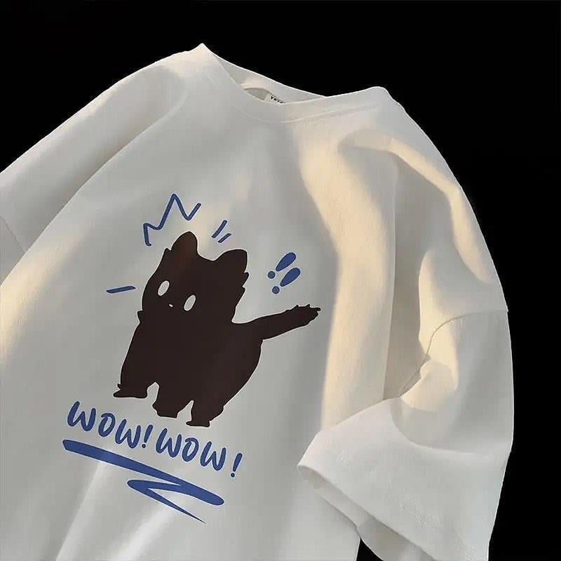 Wow Cat Detaylı Oversize Unisex Beyaz T-shirt