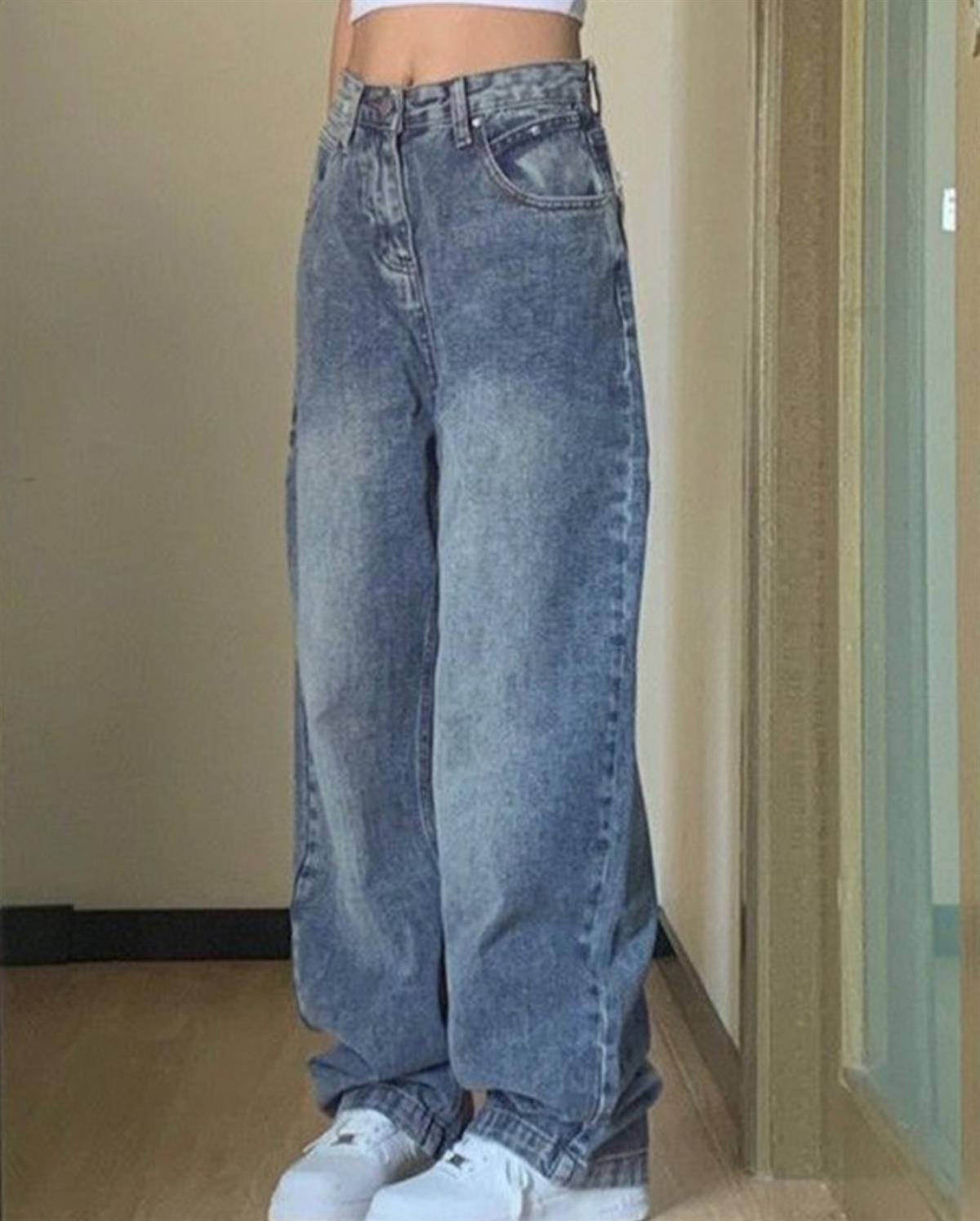 Y2k Mavi Yıkamalı Baggy Jean Bol Paça Pantolon