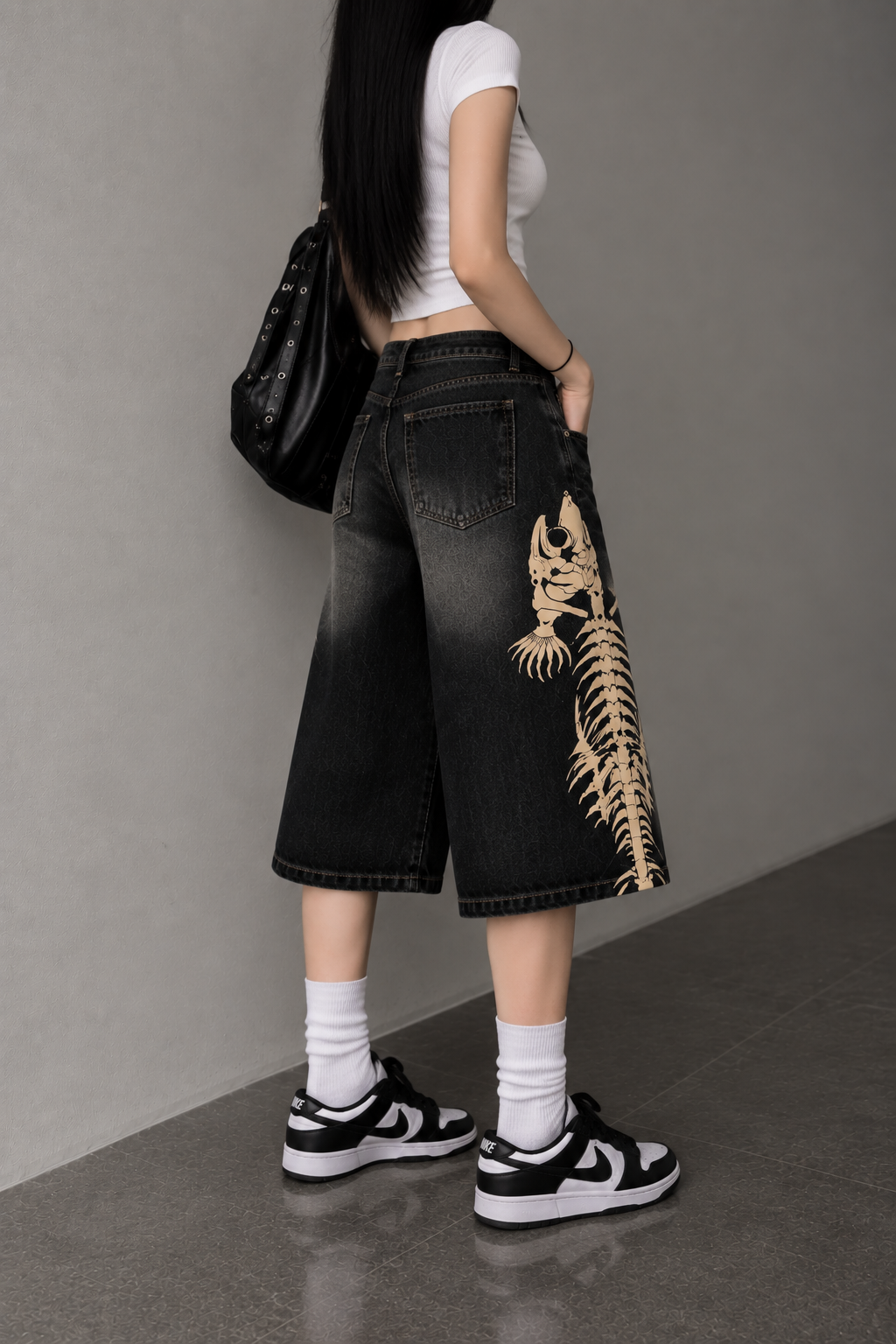Y2K Balık İskeleti Baggy Denim Bermuda Şort