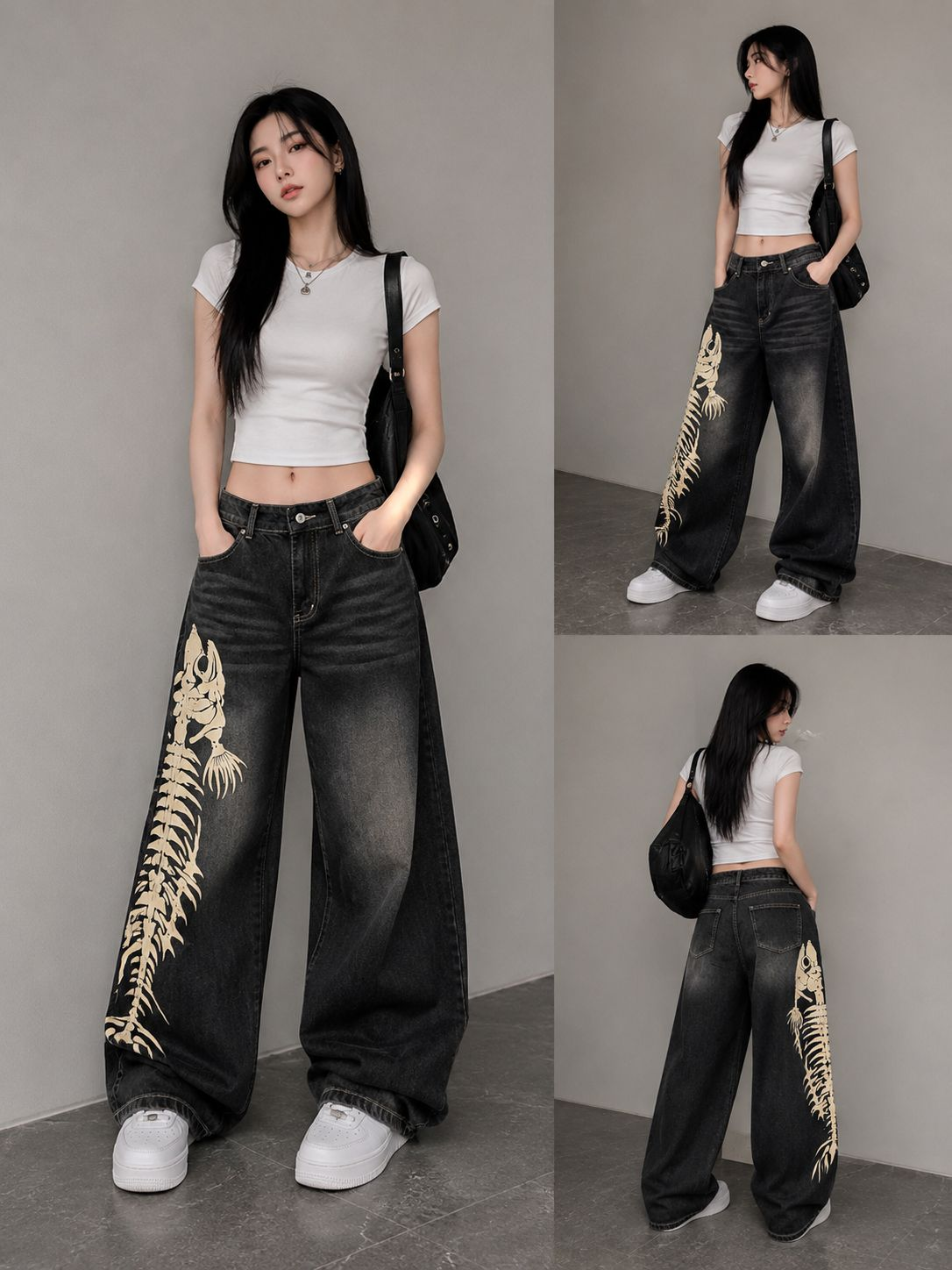 Y2K Balık İskeleti Baggy Unisex Jean Pantolon