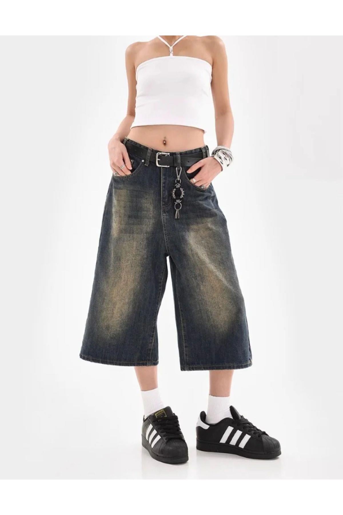 Y2k Eskitme Detail Baggy Kot Şort