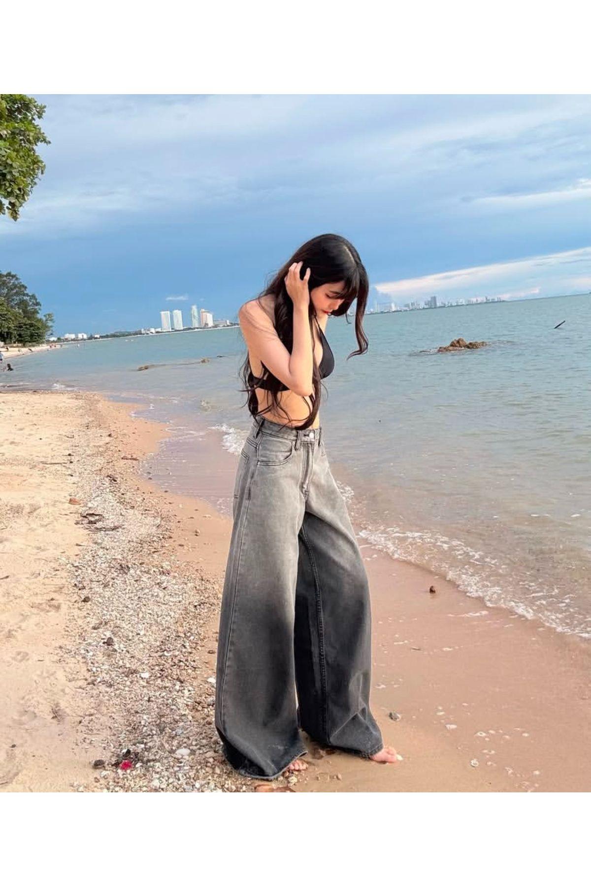 Y2k Gri Parçalı Baggy Jean Pantolon