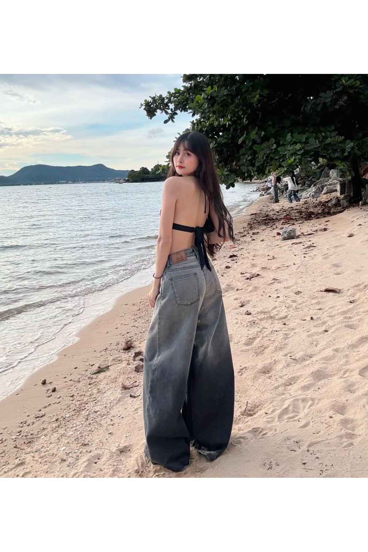 Y2k Gri Parçalı Baggy Jean Pantolon