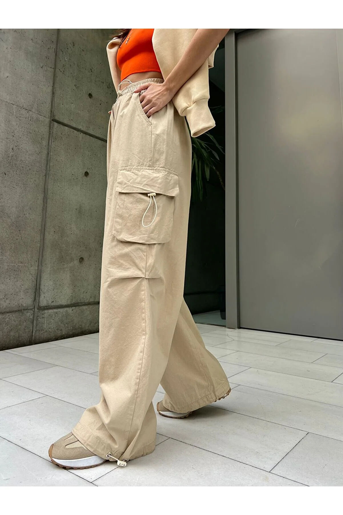 Y2k Krem Kargo Cep Detail Bol Paça Baggy Jean