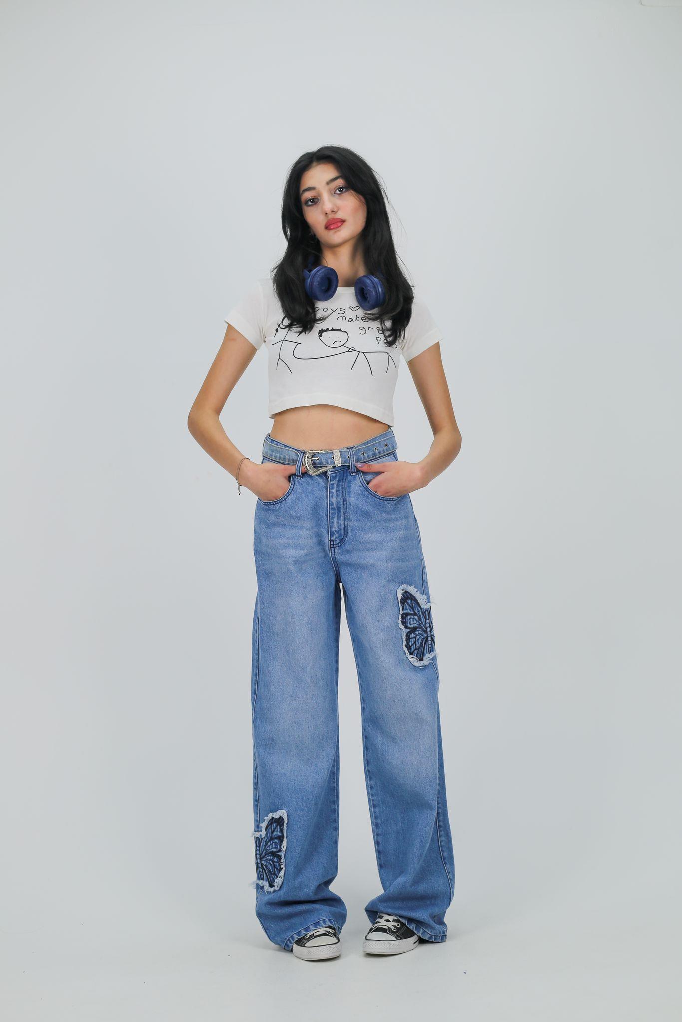 Y2k Mavi Baggy Unisex Oversize Butterfly Nakış Detail Pantolon