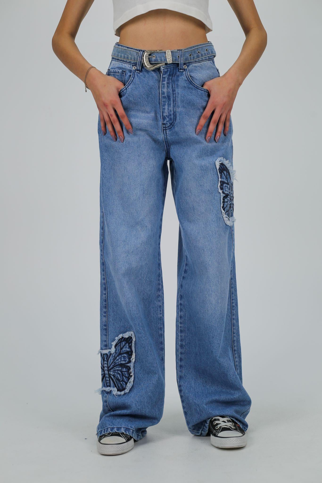Y2k Mavi Baggy Unisex Oversize Butterfly Nakış Detail Pantolon