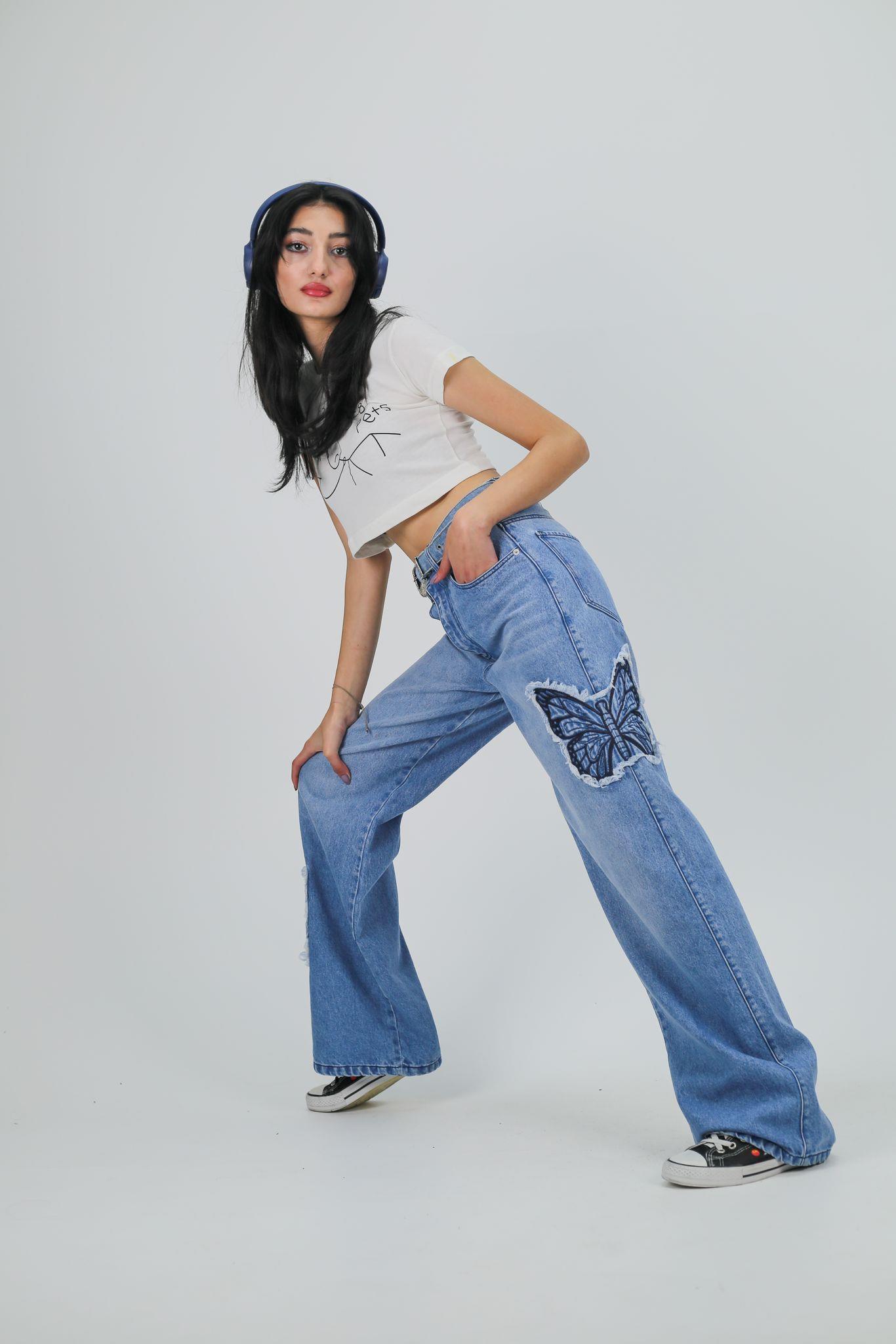 Y2k Mavi Baggy Unisex Oversize Butterfly Nakış Detail Pantolon