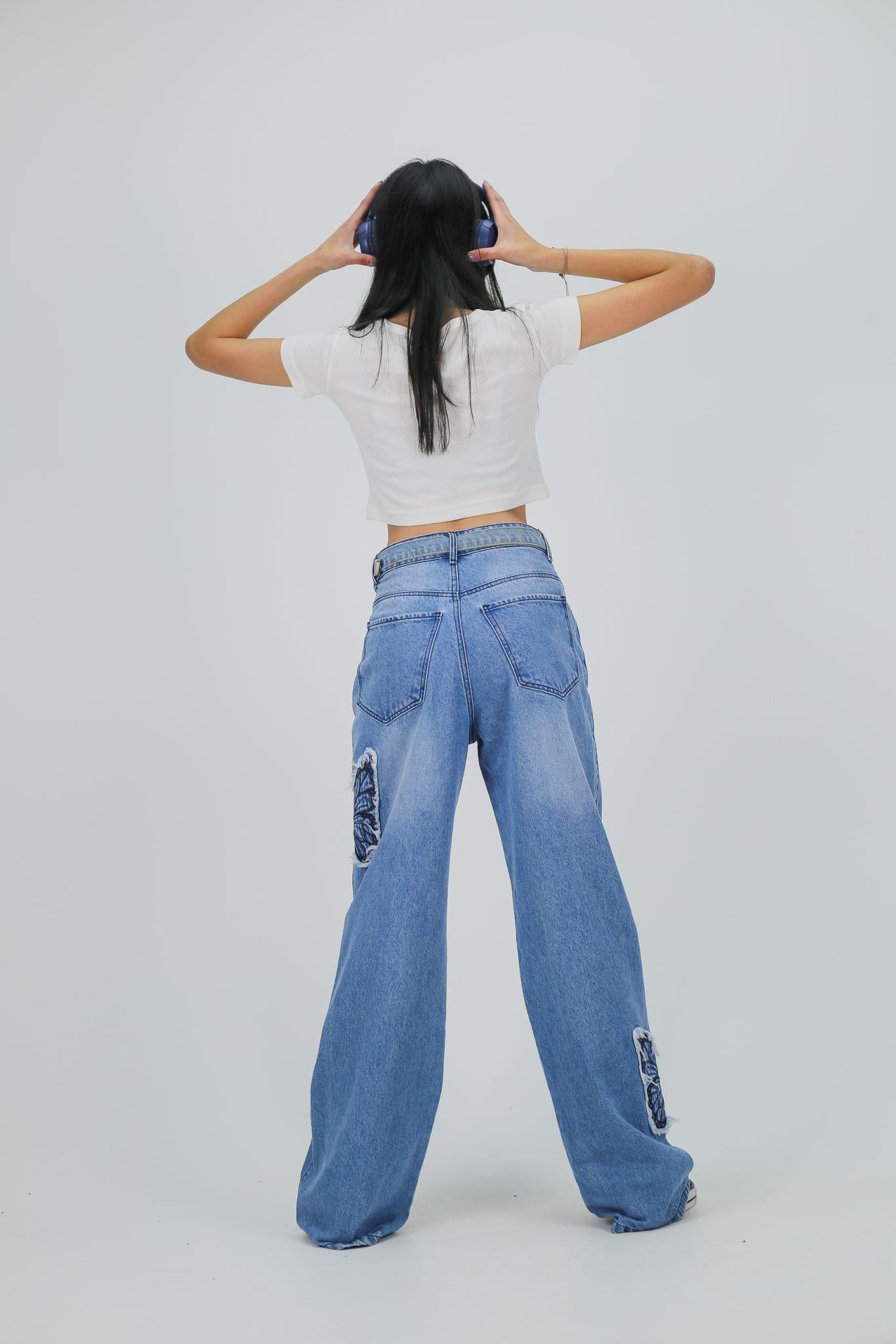 Y2k Mavi Baggy Unisex Oversize Butterfly Nakış Detail Pantolon