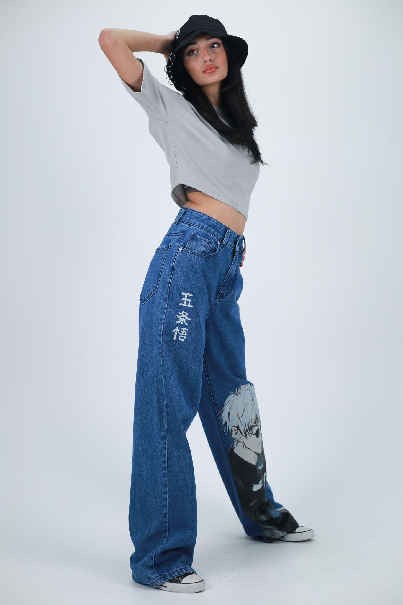 Y2k Mavi Baggy Unisex Yıkamalı Anime Baskılı Detail Pantolon