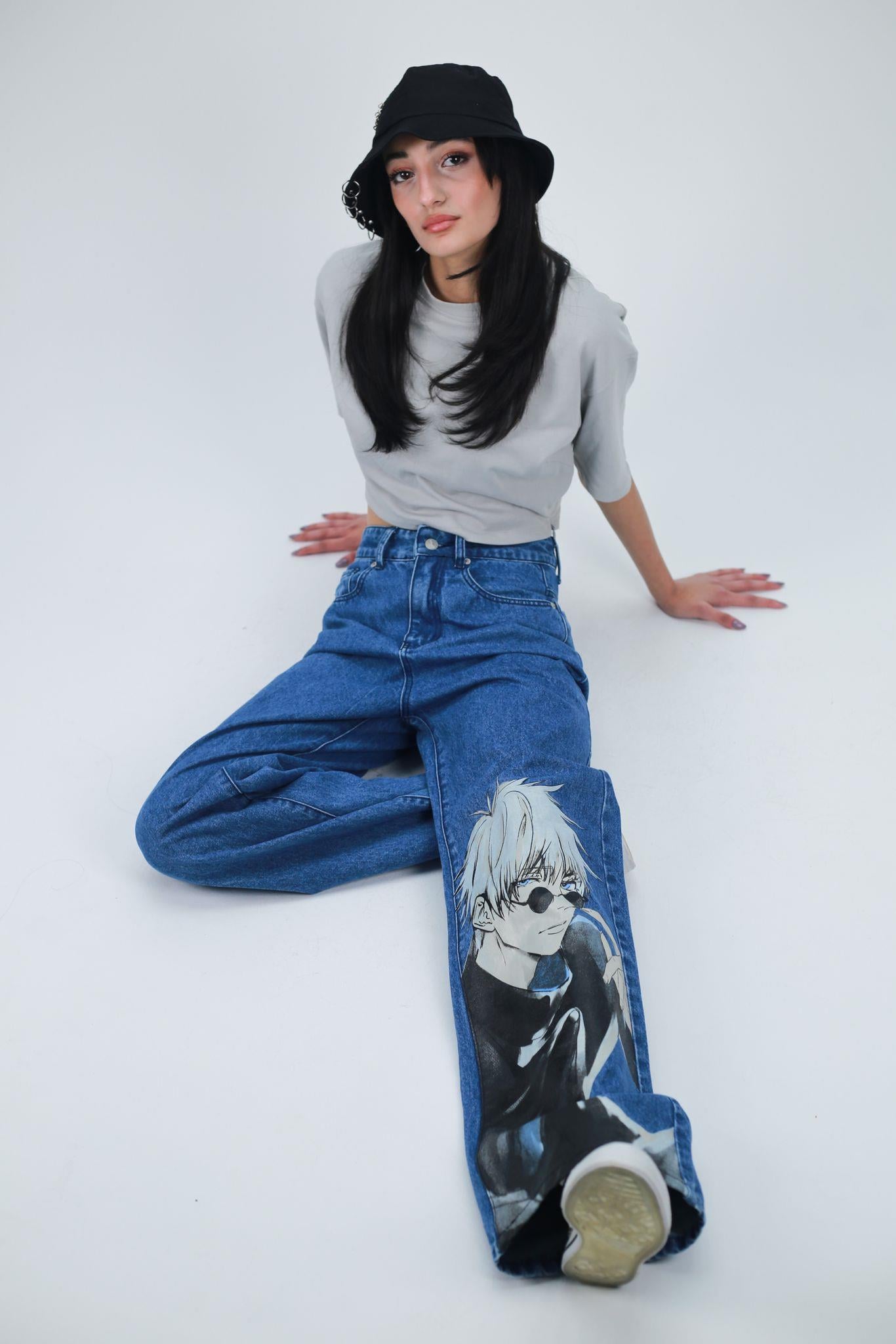Y2k Mavi Baggy Unisex Yıkamalı Anime Baskılı Detail Pantolon