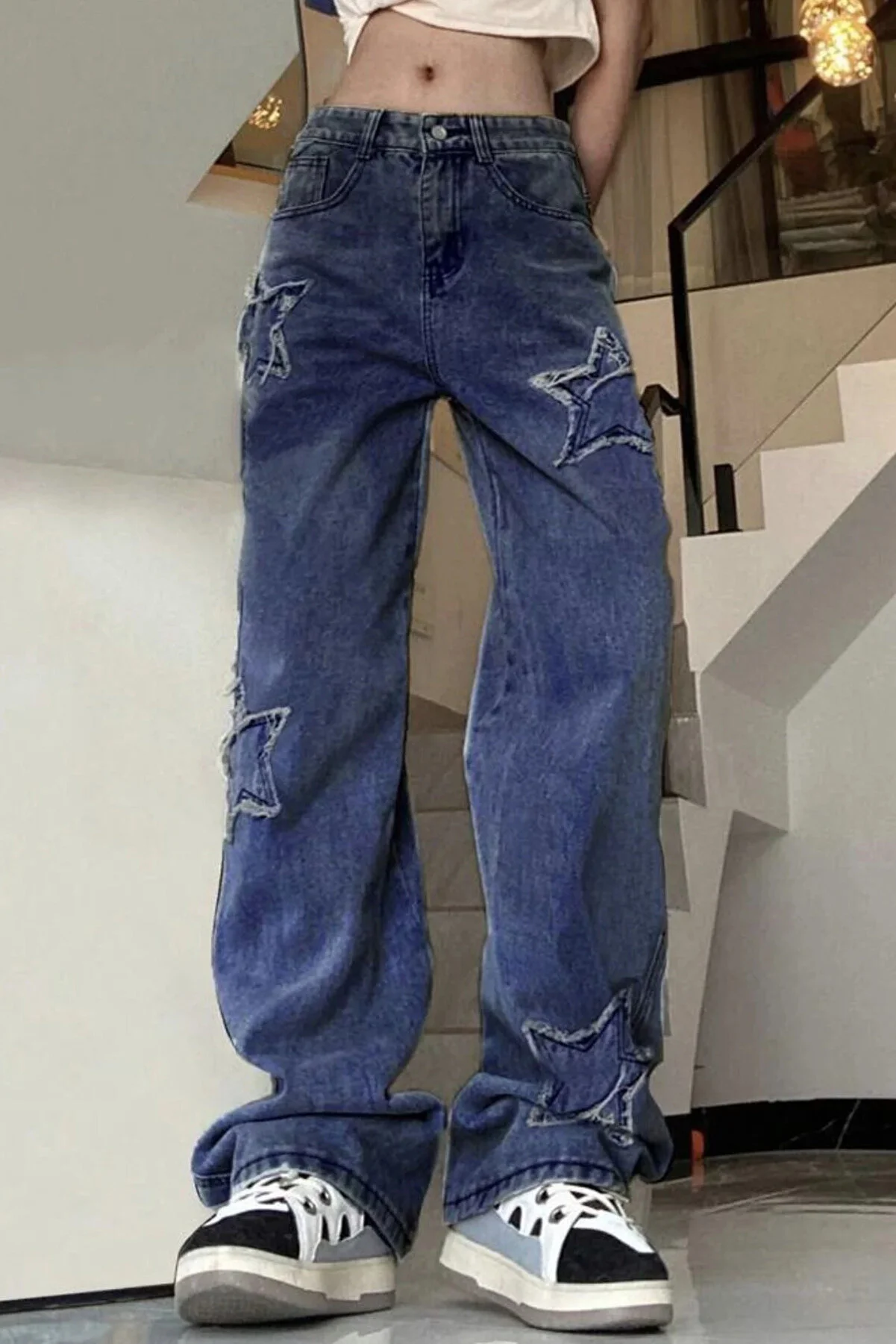 Y2k Mavi Y2k Stars Patch Detay Jeans 