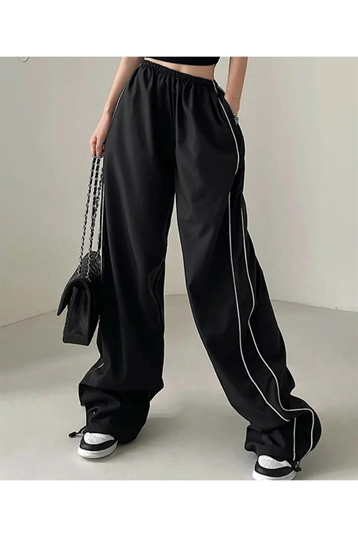 Y2k Paraşüt Siyah Renkli Unisex Çizgili Eşofman Altı Pantolon