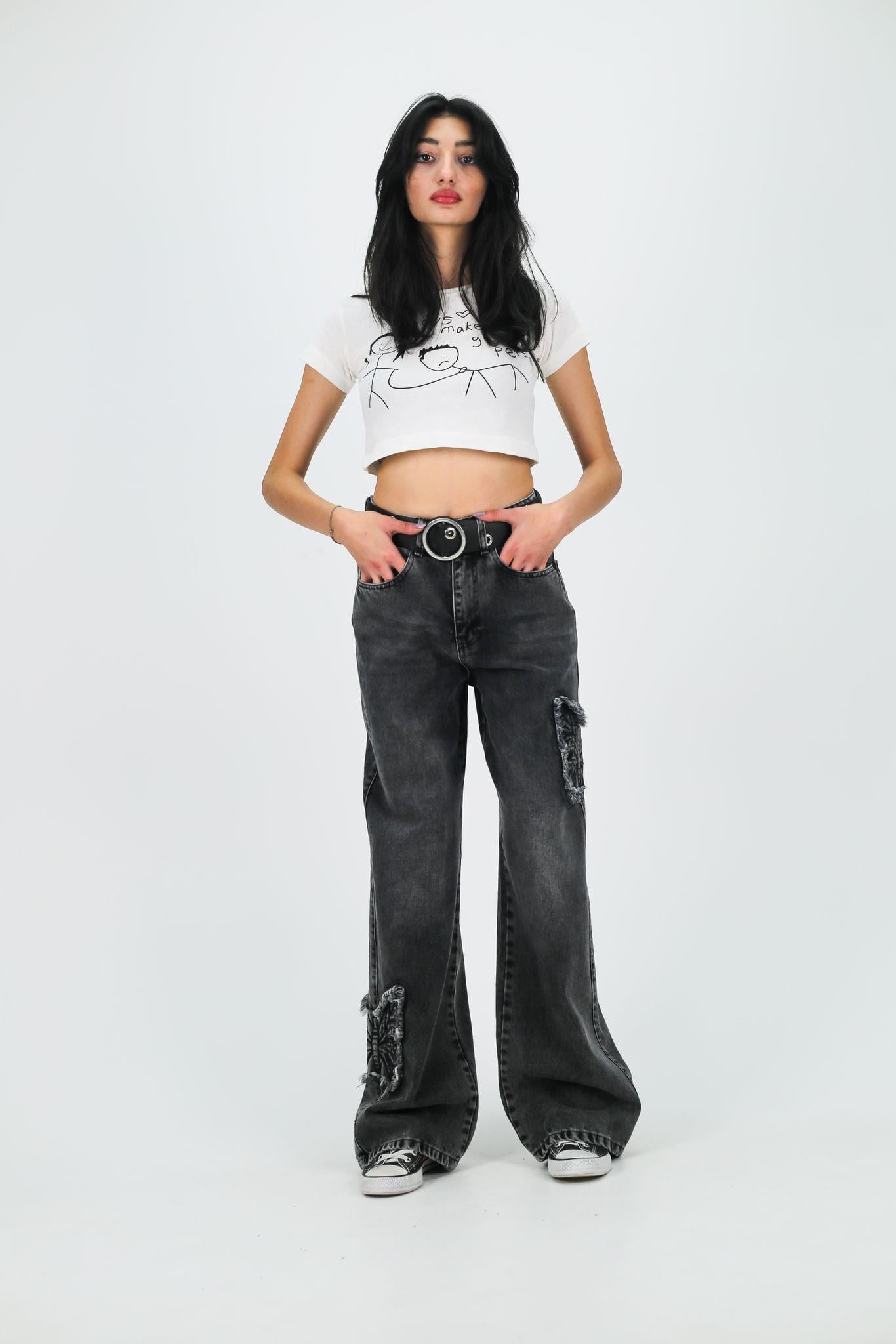 Y2k Siyah Baggy Unisex Oversize Butterfly Nakış Detail Pantolon