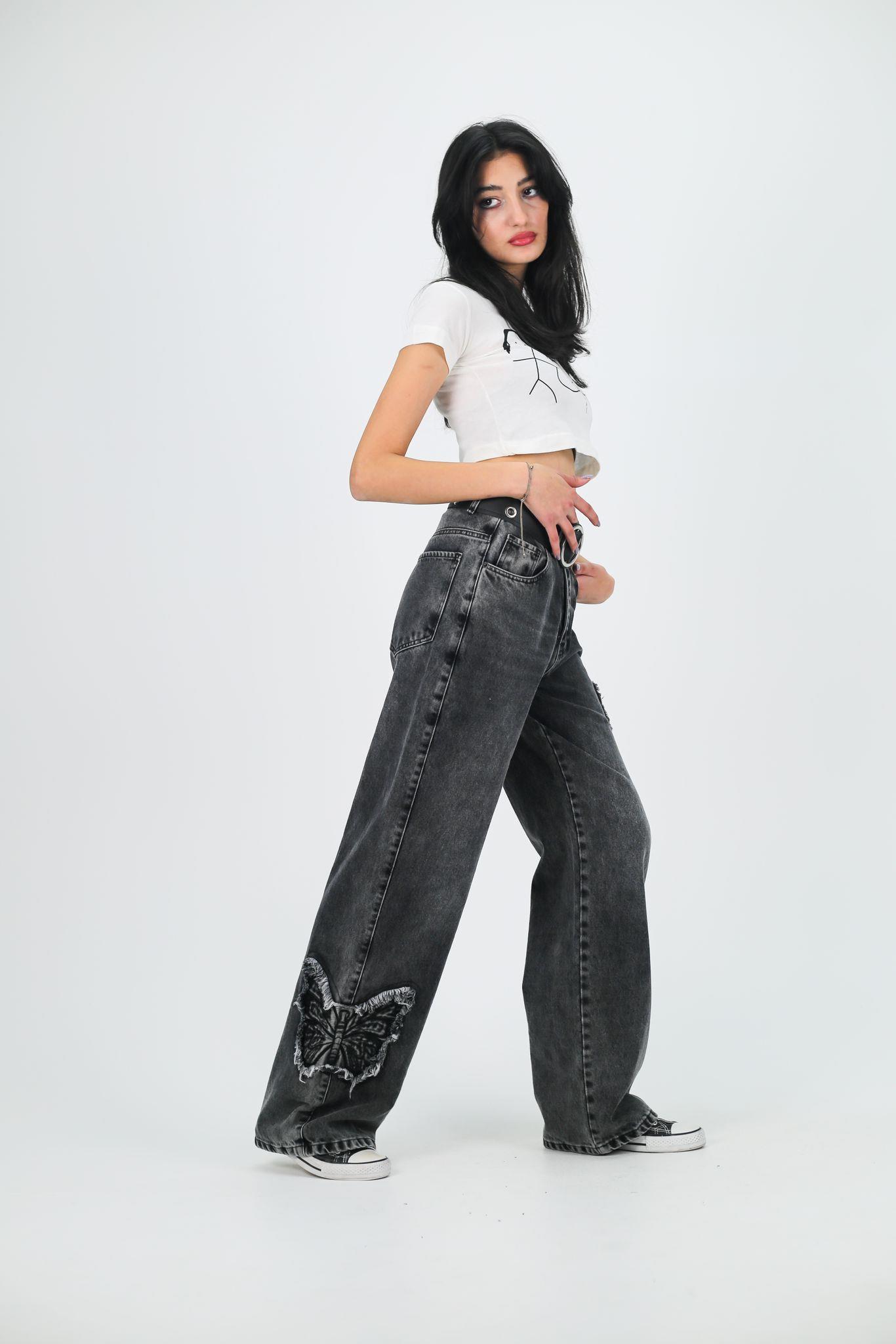 Y2k Siyah Baggy Unisex Oversize Butterfly Nakış Detail Pantolon