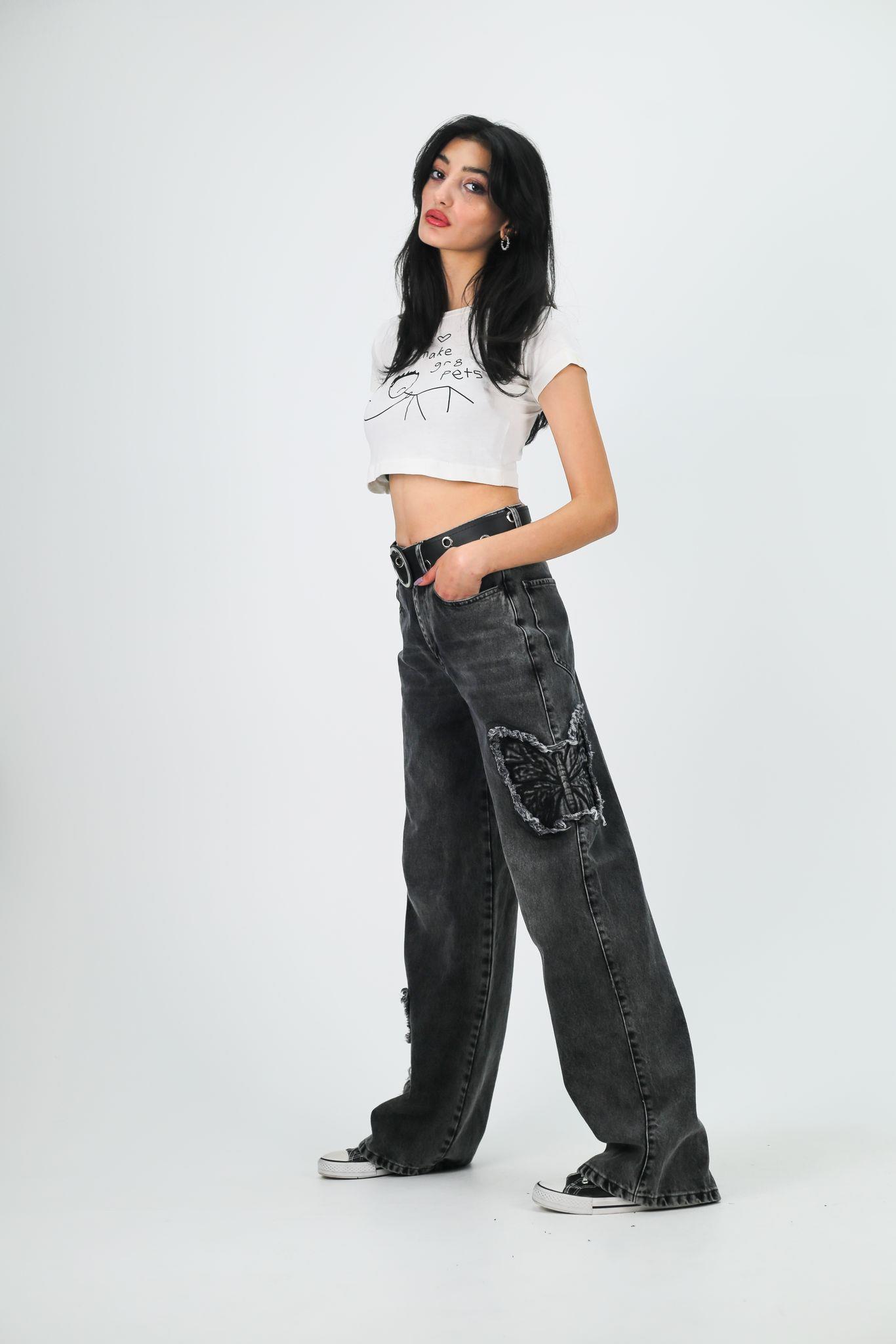 Y2k Siyah Baggy Unisex Oversize Butterfly Nakış Detail Pantolon