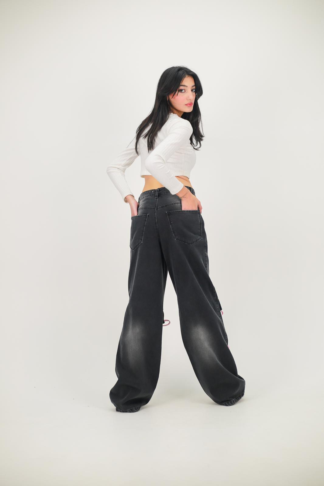 Y2k Siyah Baggy Unisex Yıkamalı Anime Baskılı Detail Pantolon